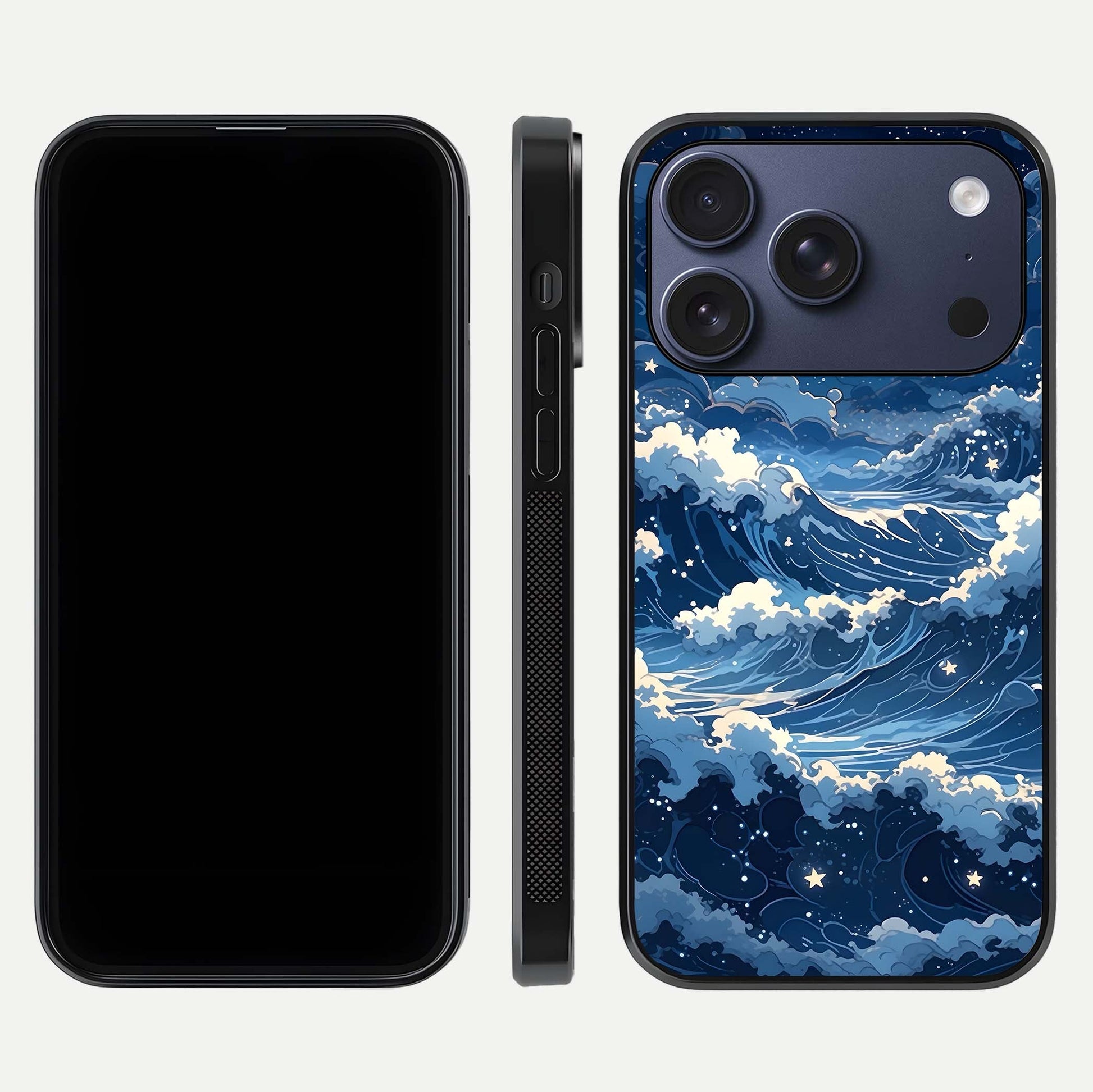 Ocean Moon Waves Glass Case for iPhone 17 Pro front & back layout highlighting water flow and smooth edges