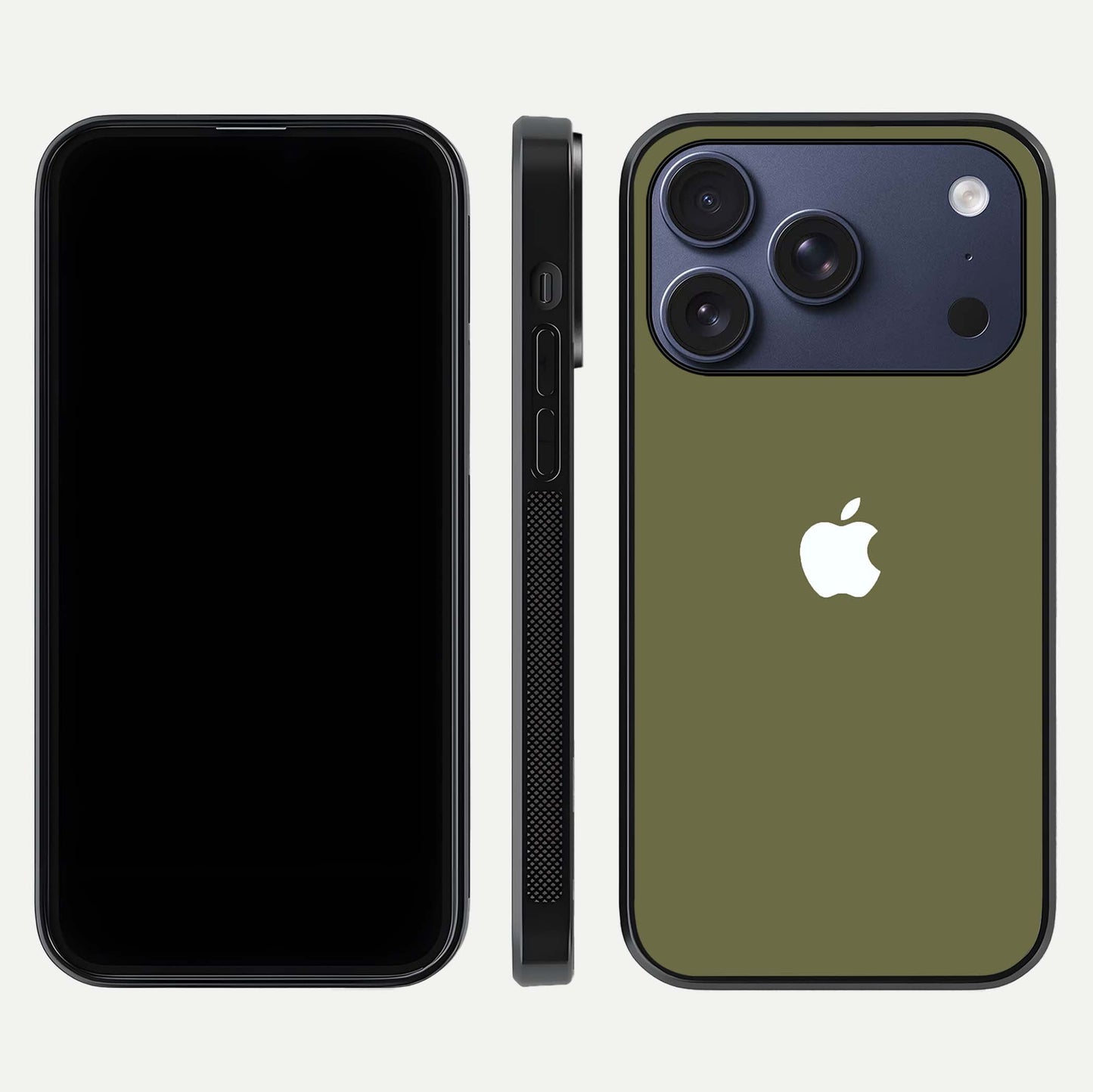Olive Matte Essence Glass Case for iPhone 17 Pro front & back layout highlighting simple design and clean edges