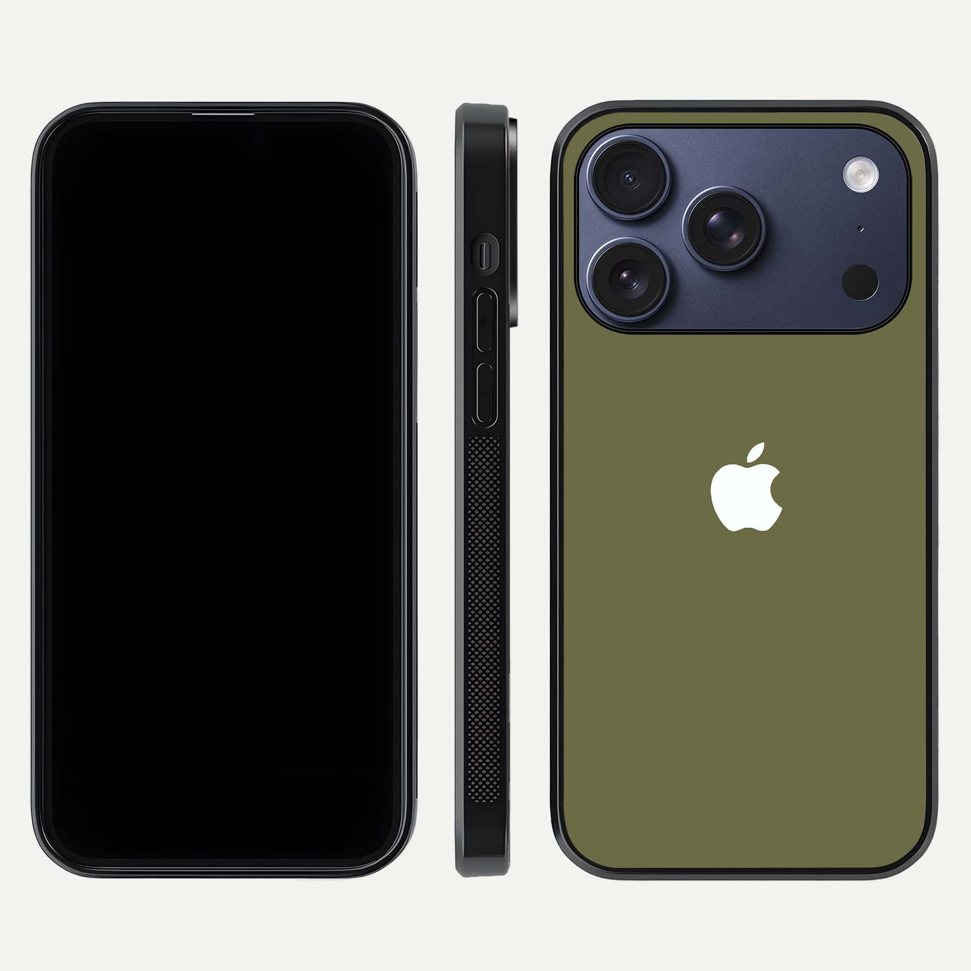 Olive Matte Essence Glass Case for iPhone 17 Pro front & back layout highlighting simple design and clean edges