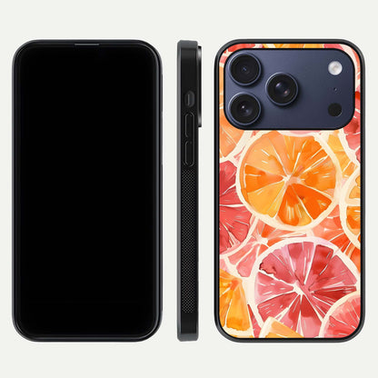 Orange Fruits Pattern Glass Case for iPhone 17 Pro front & back layout highlighting bright colors and clean edges