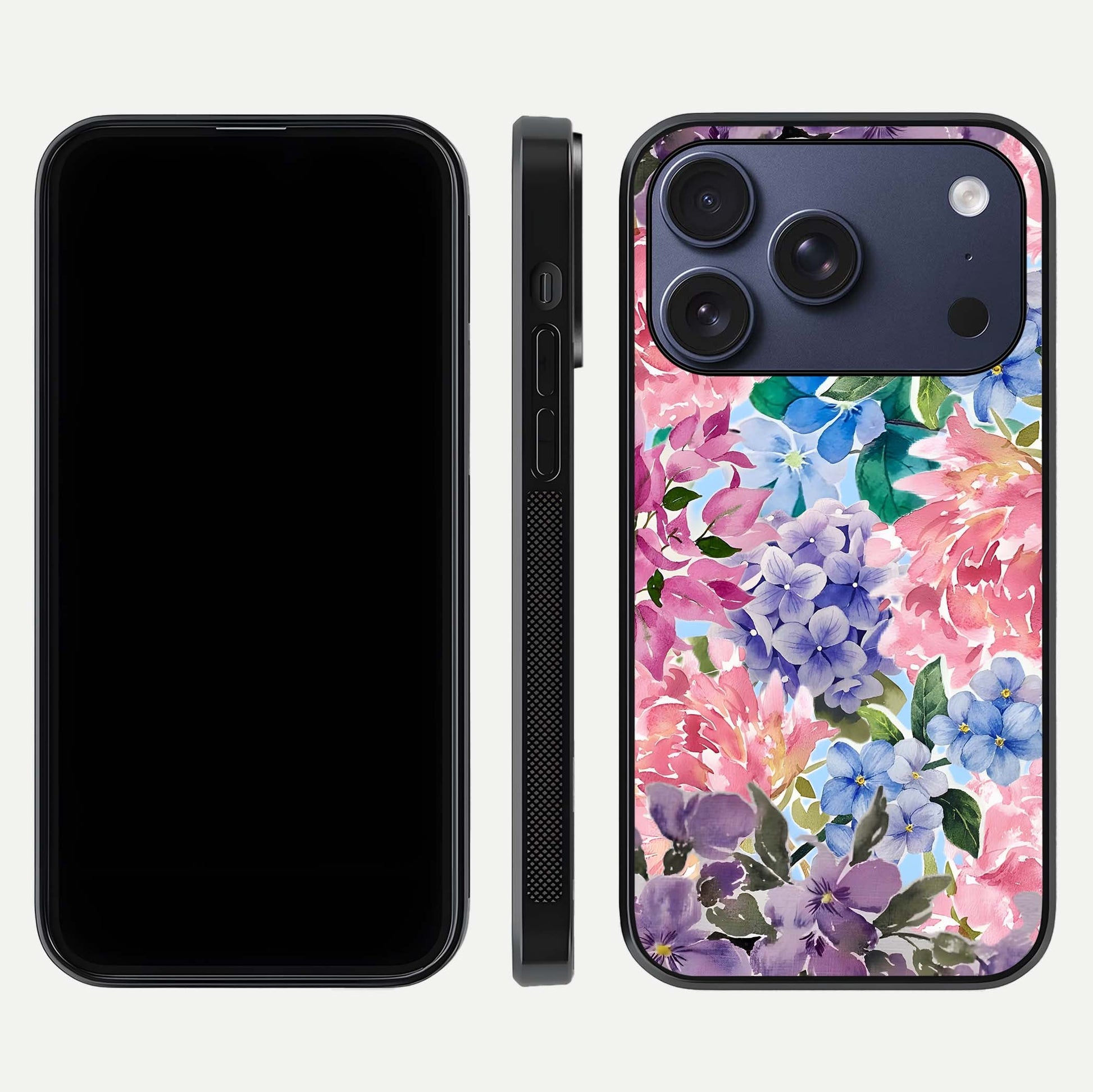 Pastel Floral Mix Glass Case for iPhone 17 Pro front & back layout showing gentle tones and elegant edges