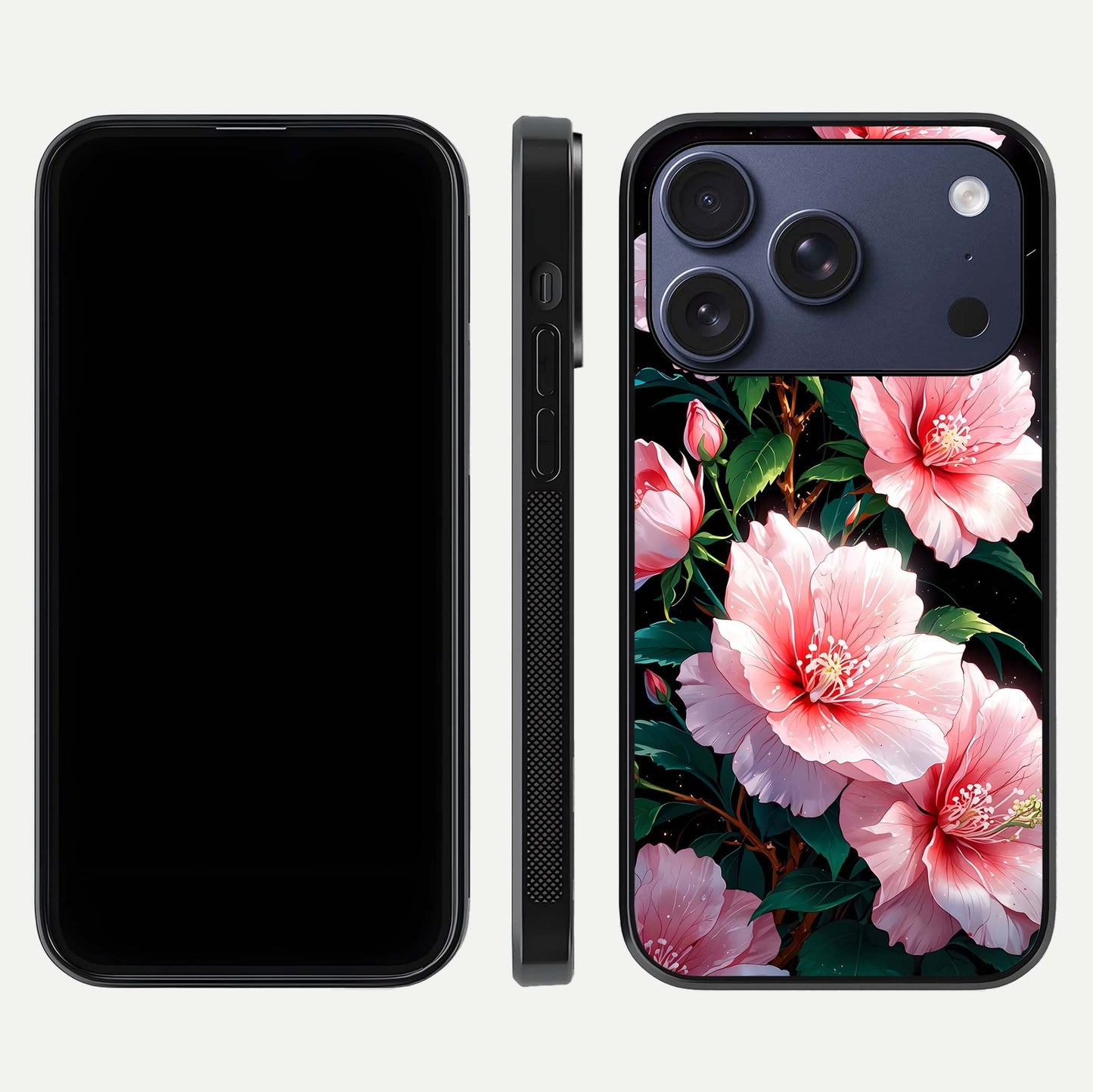Peach Flower Glass Case for iPhone 17 Pro front & back layout showing elegant floral tones and smooth edges