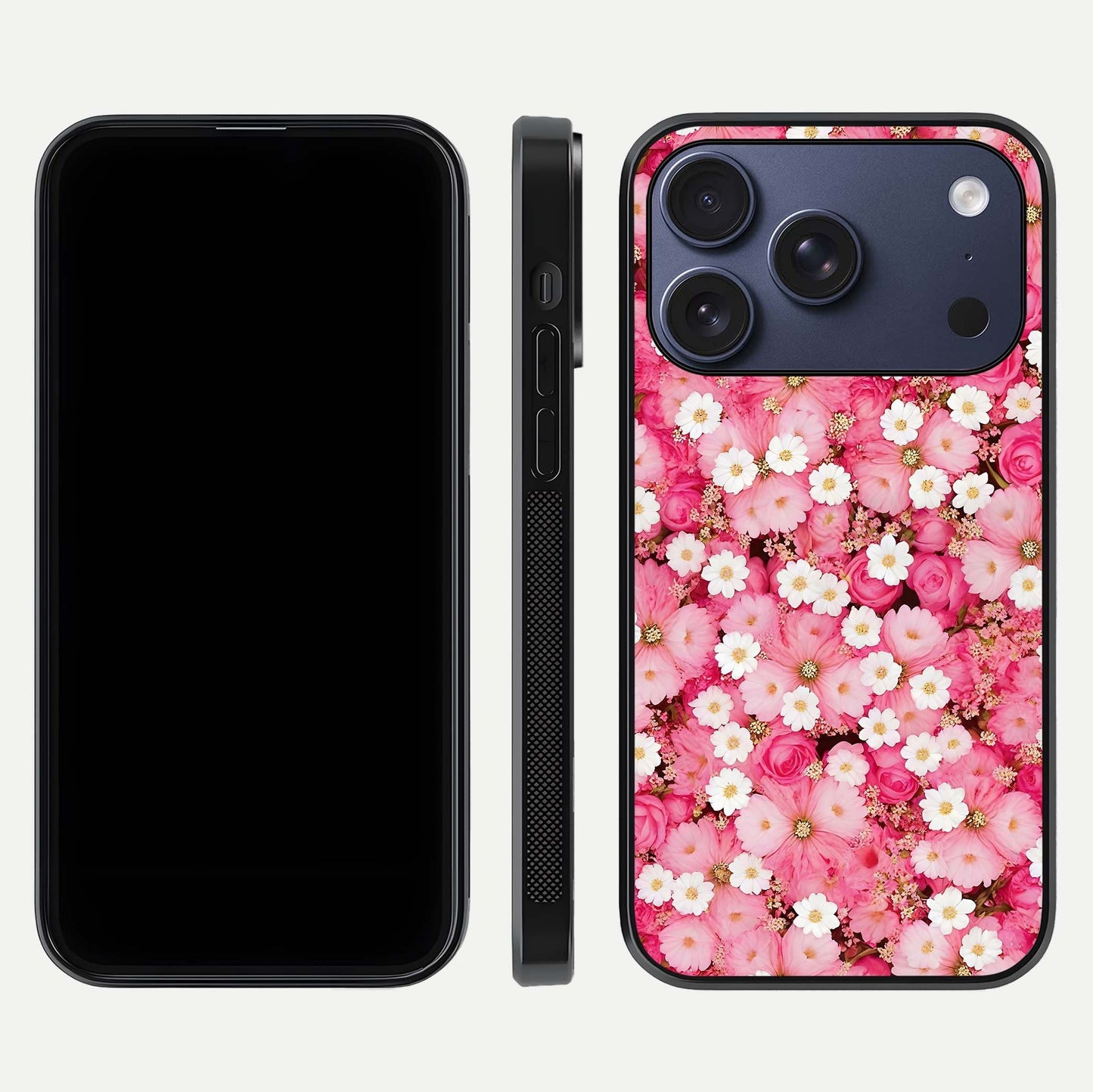 Pink Daisy Bliss Glass Case for iPhone 17 Pro front & back layout showing HD floral tones and edge finish