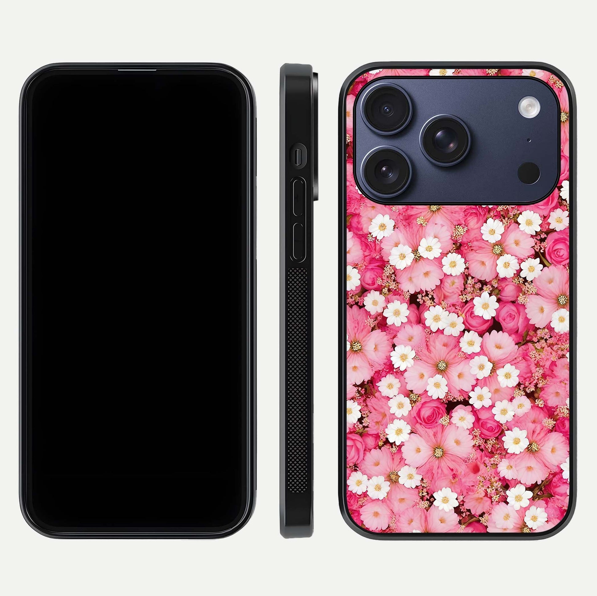 Pink Daisy Bliss Glass Case for iPhone 17 Pro front & back layout showing HD floral tones and edge finish