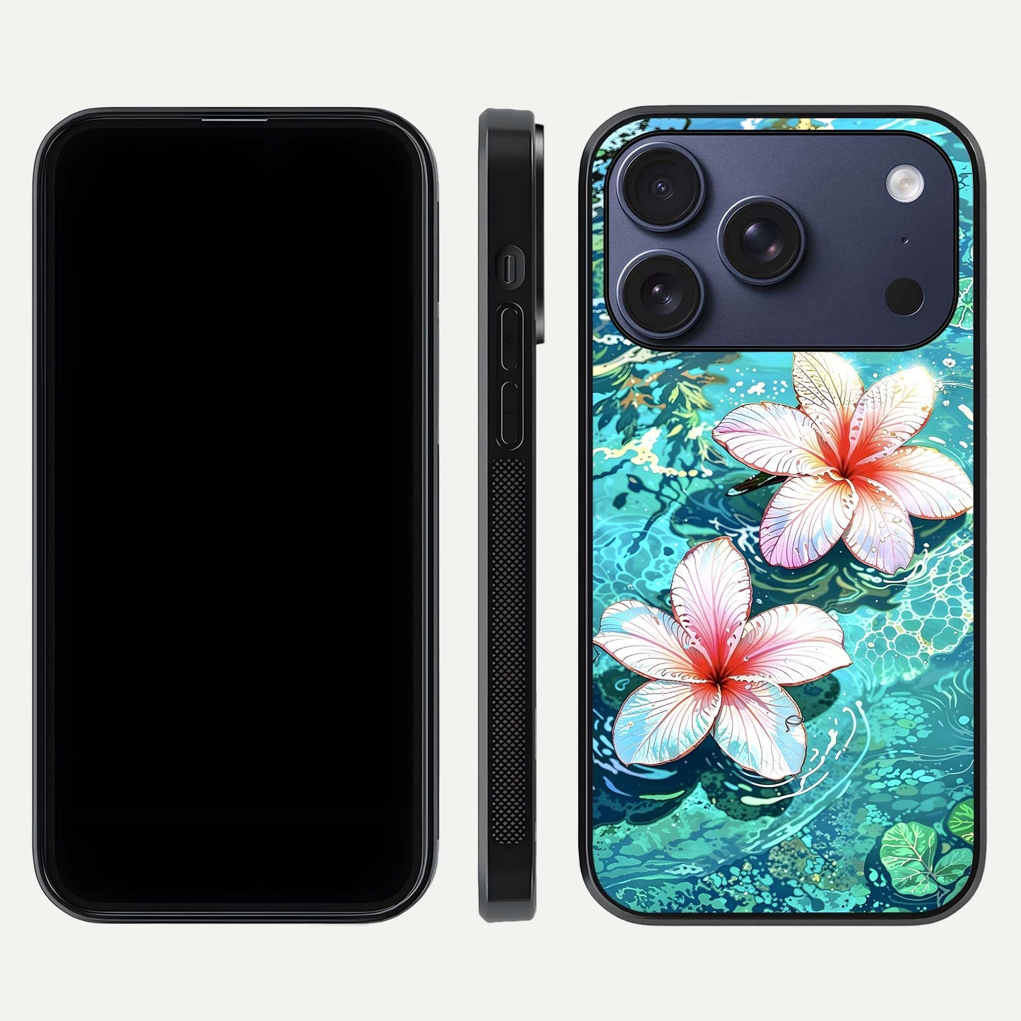 Pink Flowers in Water Glass Case for iPhone 17 Pro front & back layout showing elegant pastel floral tones