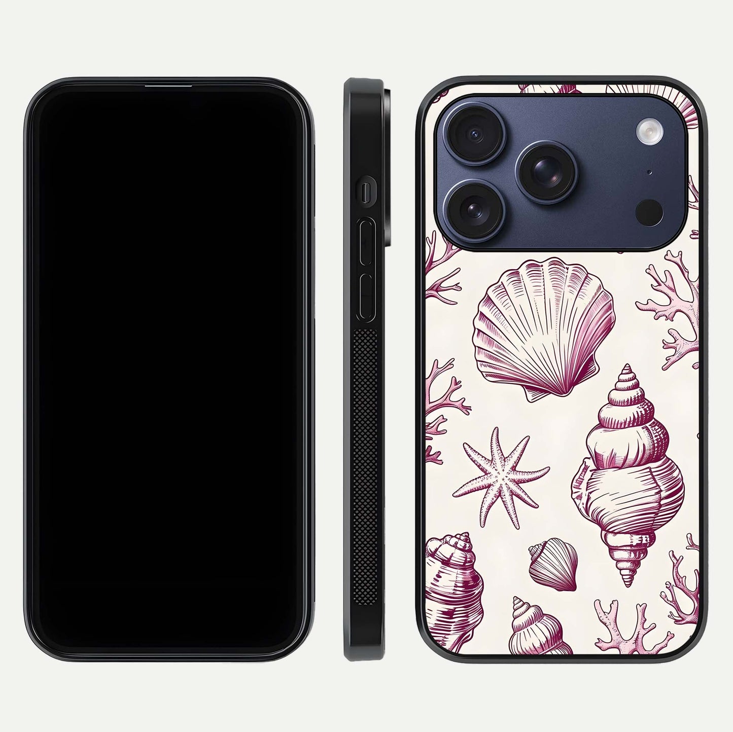 Pink Shells Outline Glass Case for iPhone 17 Pro front & back layout showing soft pastel tones and edge design