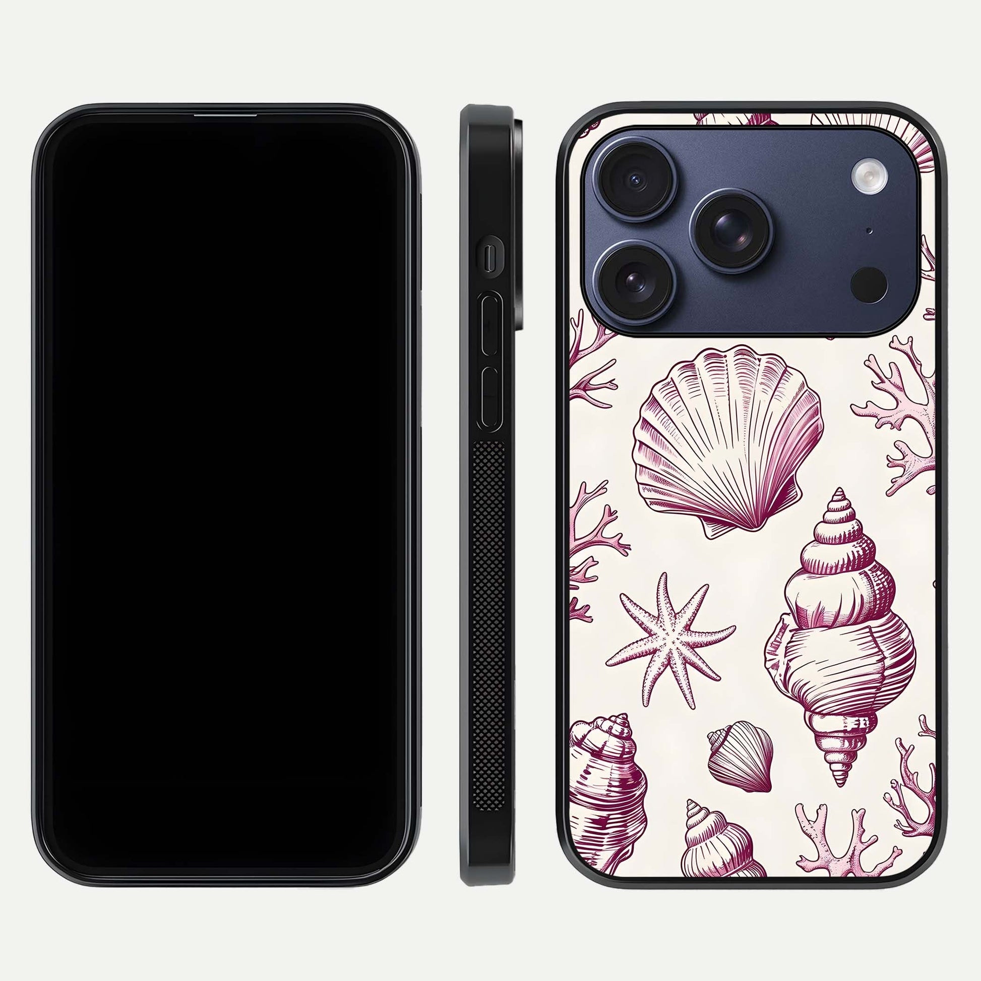Pink Shells Outline Glass Case for iPhone 17 Pro front & back layout showing soft pastel tones and edge design
