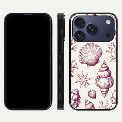 Pink Shells Outline Glass Case for iPhone 17 Pro front & back layout showing soft pastel tones and edge design