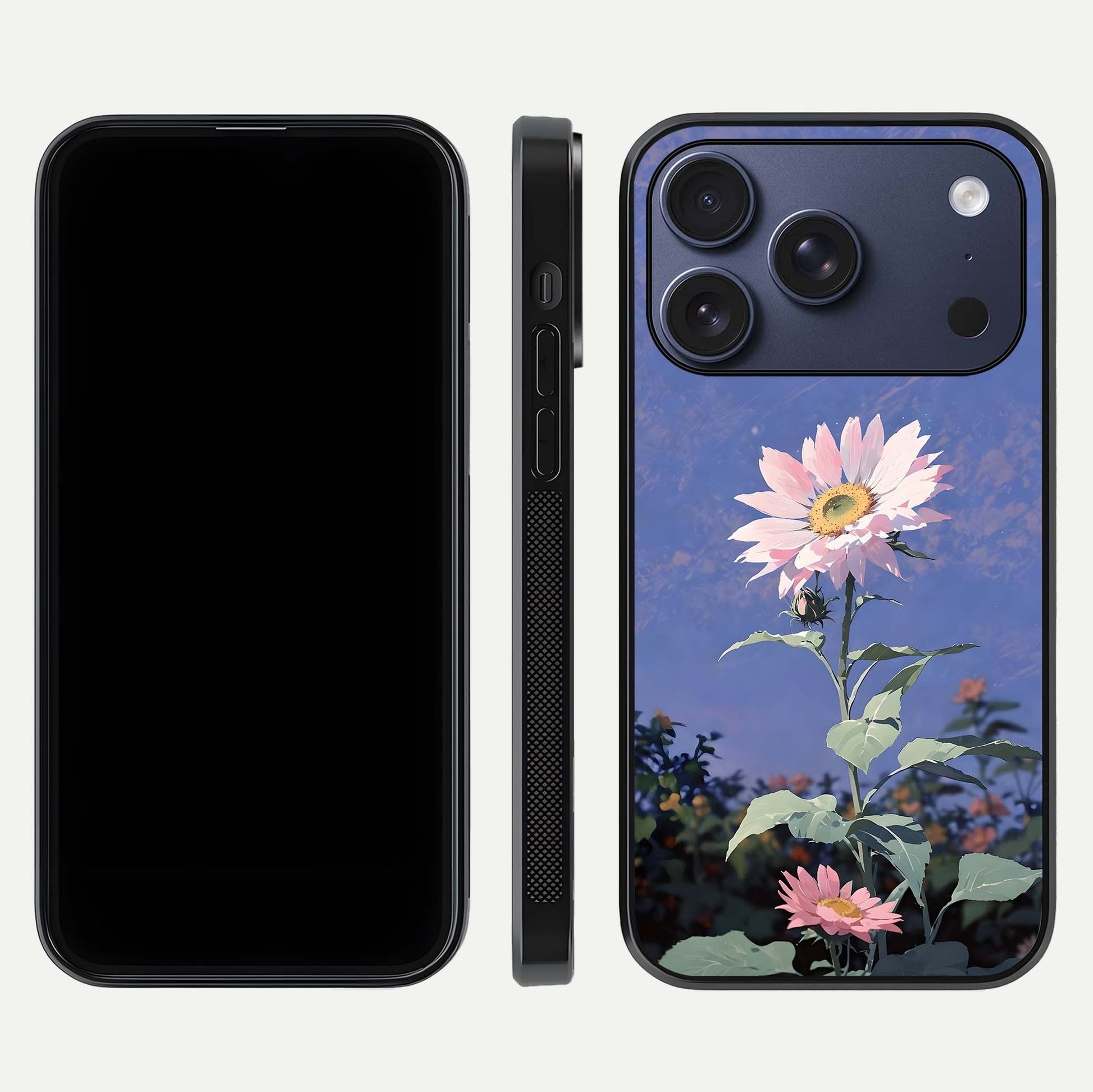 Pink Sunflower Glow Glass Case for iPhone 17 Pro front & back layout showing HD tones and bright finish