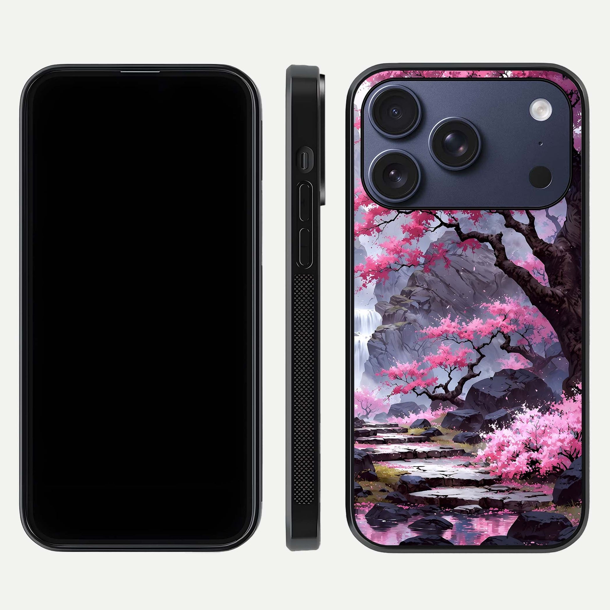 Pinkish Scenery Glass Case for iPhone 16 Pro front & back layout showing landscape art and curved edge finish