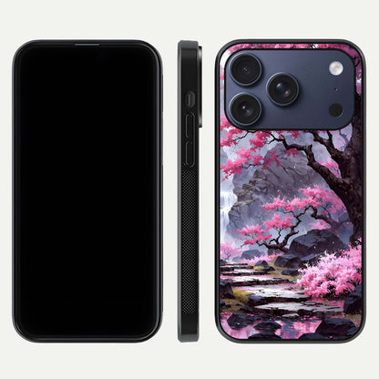Pinkish Scenery Glass Case for iPhone 16 Pro front & back layout showing landscape art and curved edge finish