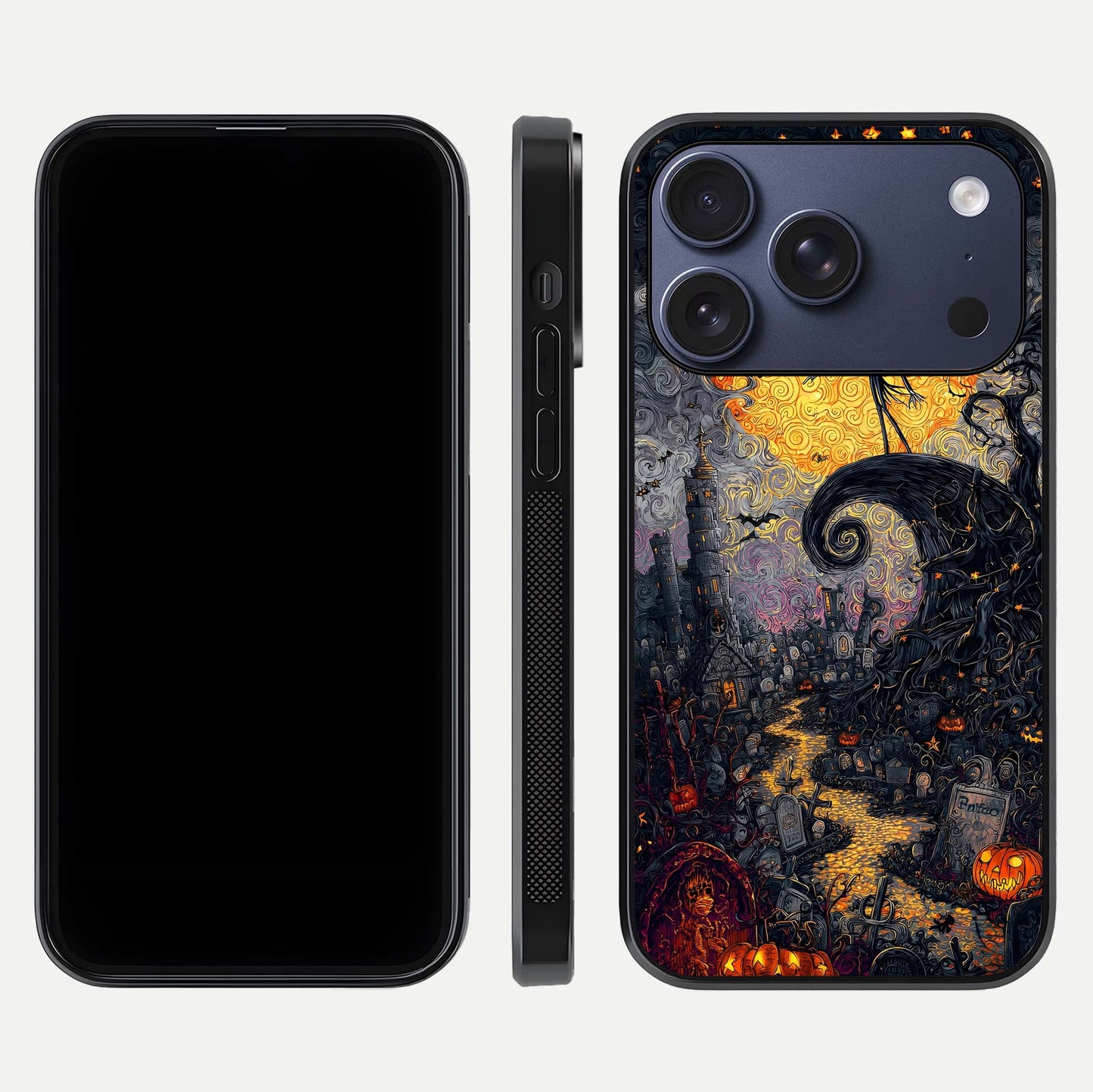 Pumpkin Moon Night Glass Case for iPhone 16 Pro front & back layout highlighting festive tones and smooth edges