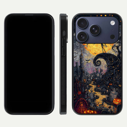 Pumpkin Moon Night Glass Case for iPhone 16 Pro front & back layout highlighting festive tones and smooth edges