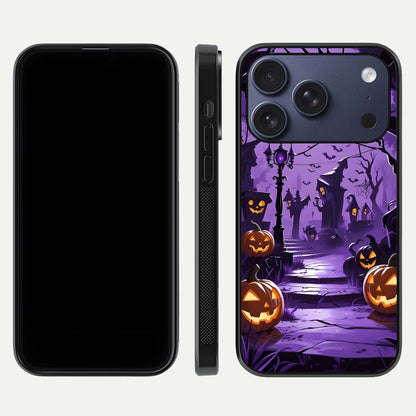 Pumpkin Patch Halloween Glass Case for iPhone 17 Pro front & back layout showing festive Halloween print