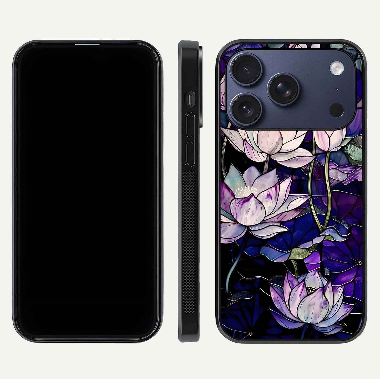 Purple Lotus Pattern Glass Case for iPhone 17 Pro front & back layout highlighting floral tones and soft edges