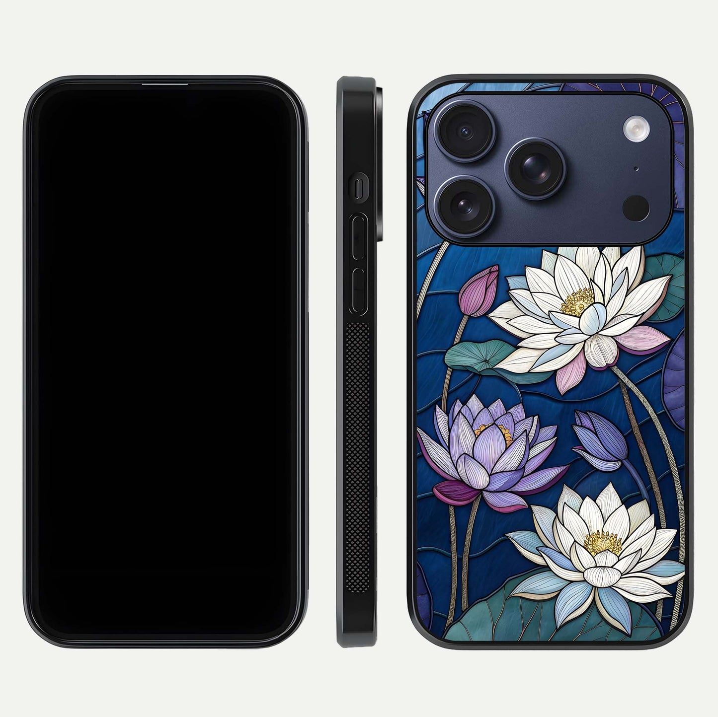 Purple Lotus Stained Glass Case for iPhone 17 Pro front & back layout showing bright tones and smooth edge finish
