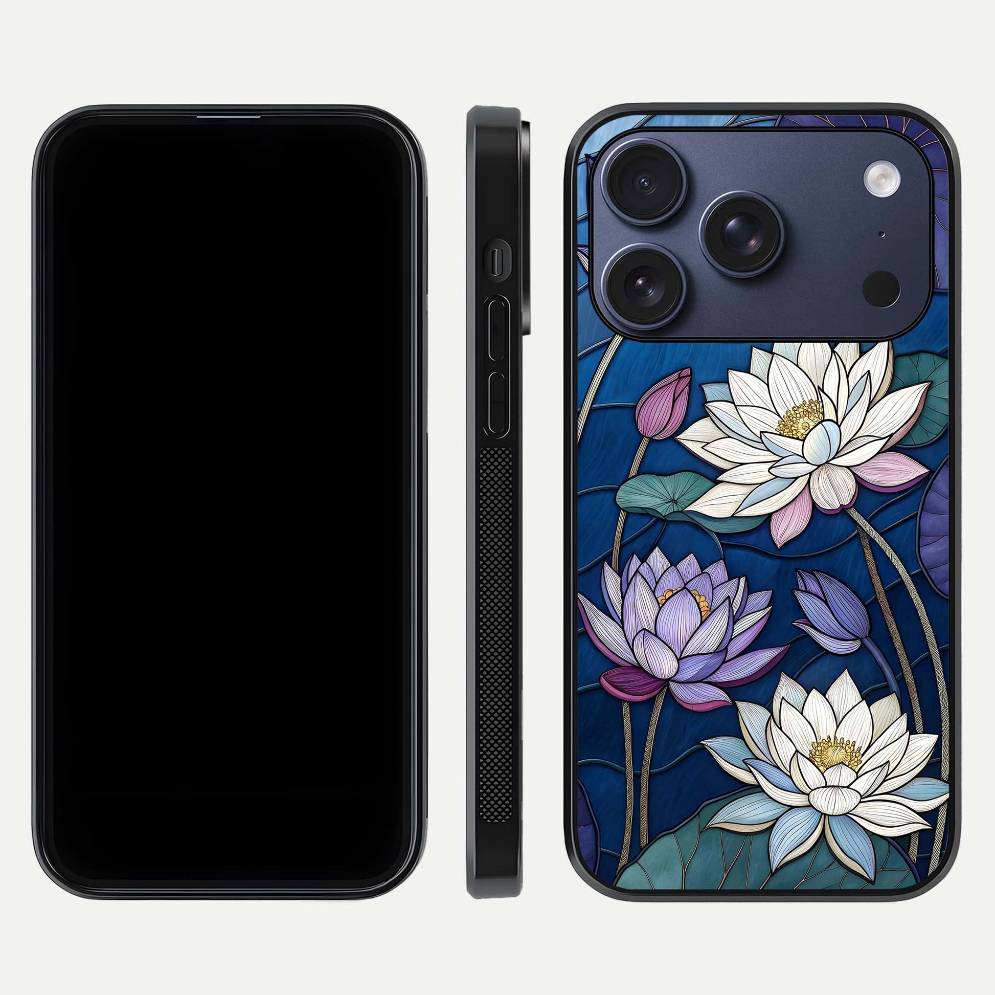 Purple Lotus Stained Glass Case for iPhone 17 Pro front & back layout showing bright tones and smooth edge finish