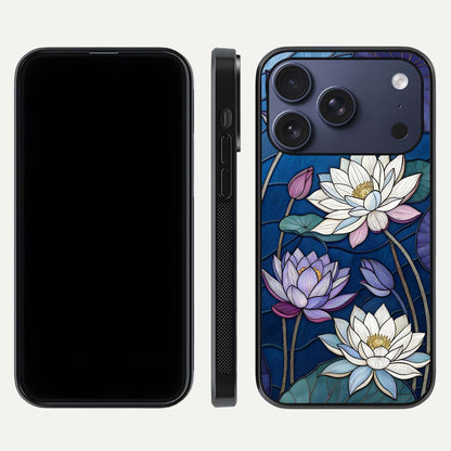 Purple Lotus Stained Glass Case for iPhone 17 Pro front & back layout showing bright tones and smooth edge finish