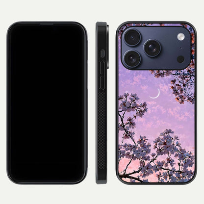 Purple Serenity Moon Glass Case for iPhone 16 Pro front & back layout highlighting celestial tones and curves