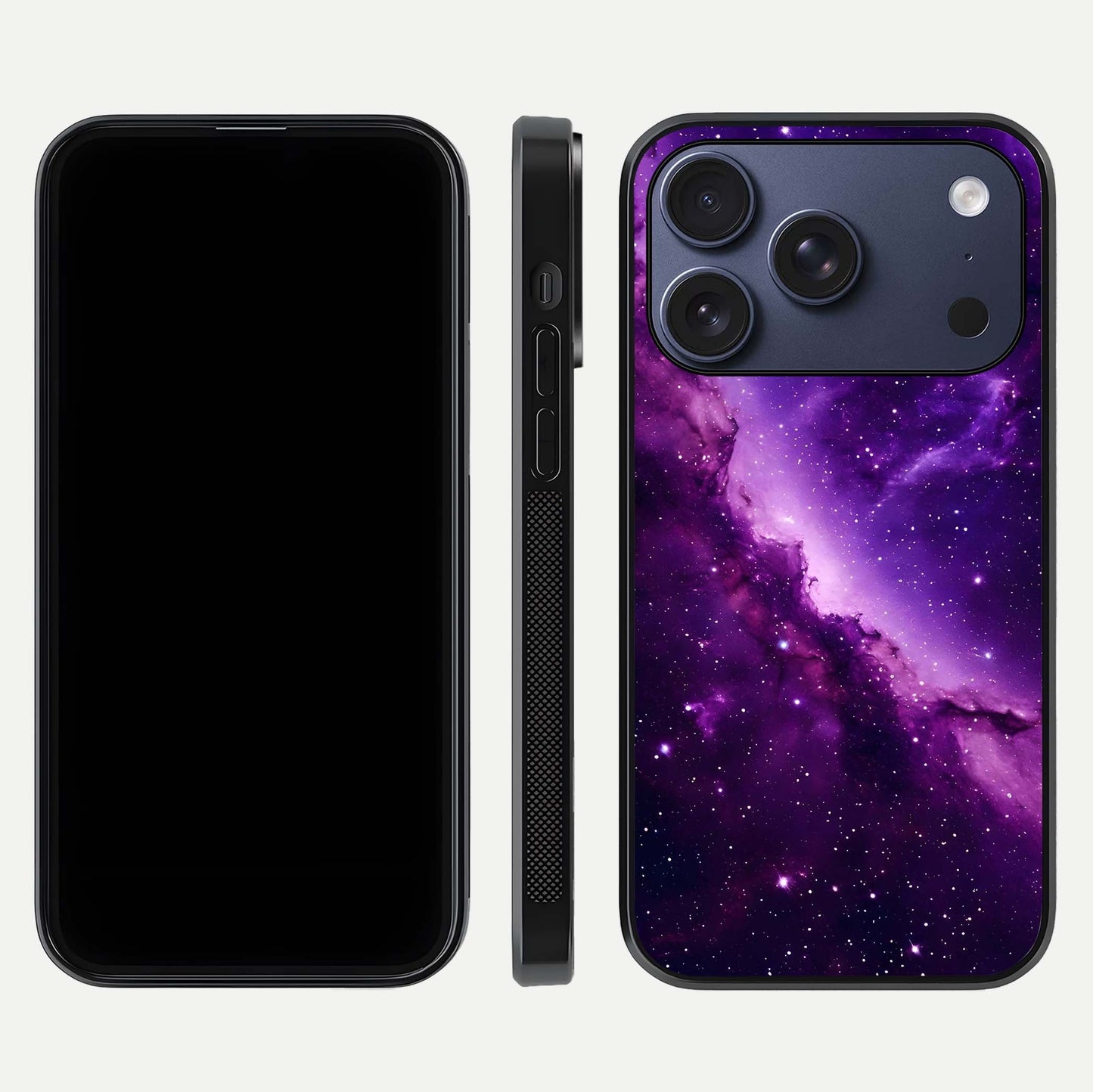 Purple Shade Sky Glass Case for iPhone 16 Pro front & back layout showing HD tones and clean glass edges