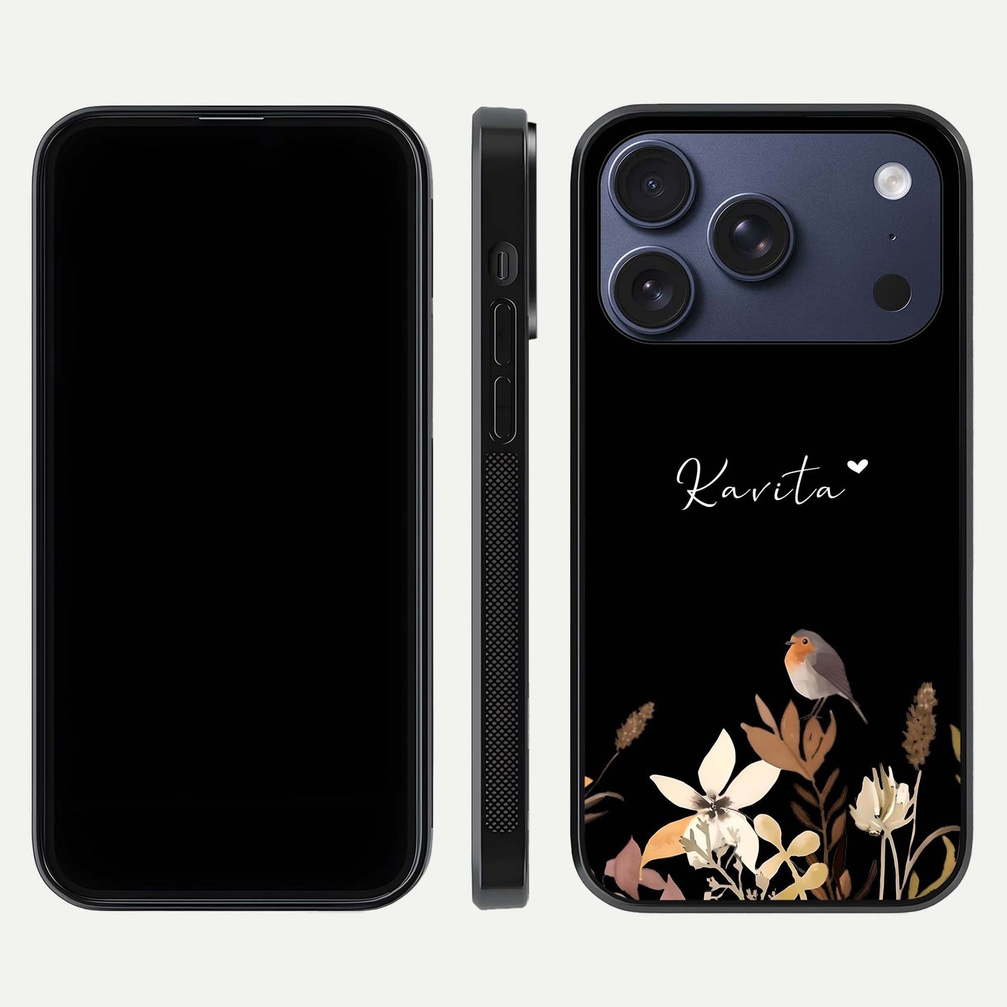 Quiet Garden Tune Custom Name Glass Case for iPhone 17 Pro front & back layout highlighting name area and edges