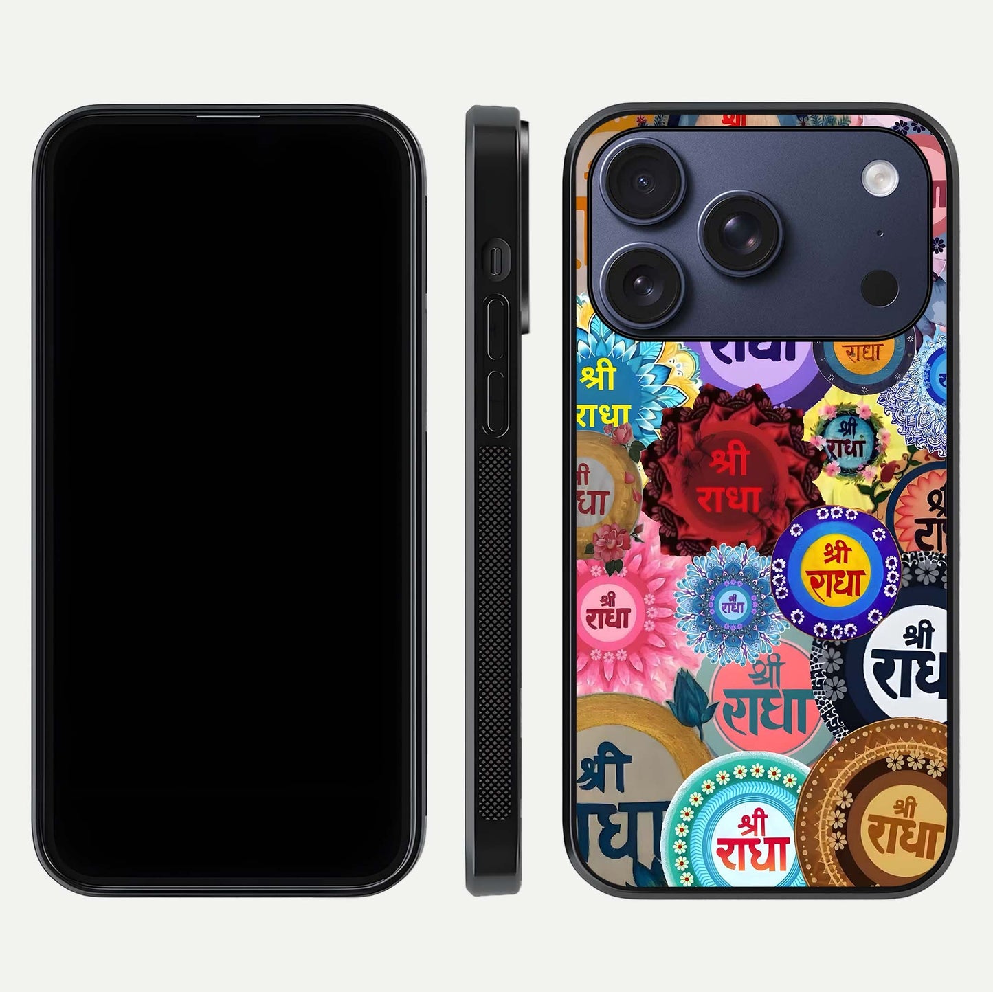 Radha Divine Bloom Glass Case for iPhone 17 Pro front & back layout showing spiritual tones and elegant edges