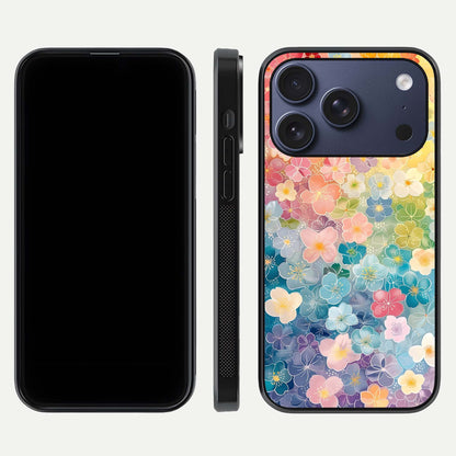 Rainbow Blossom Burst Glass Case for iPhone 17 Pro front & back layout showing bright tones and edge finish
