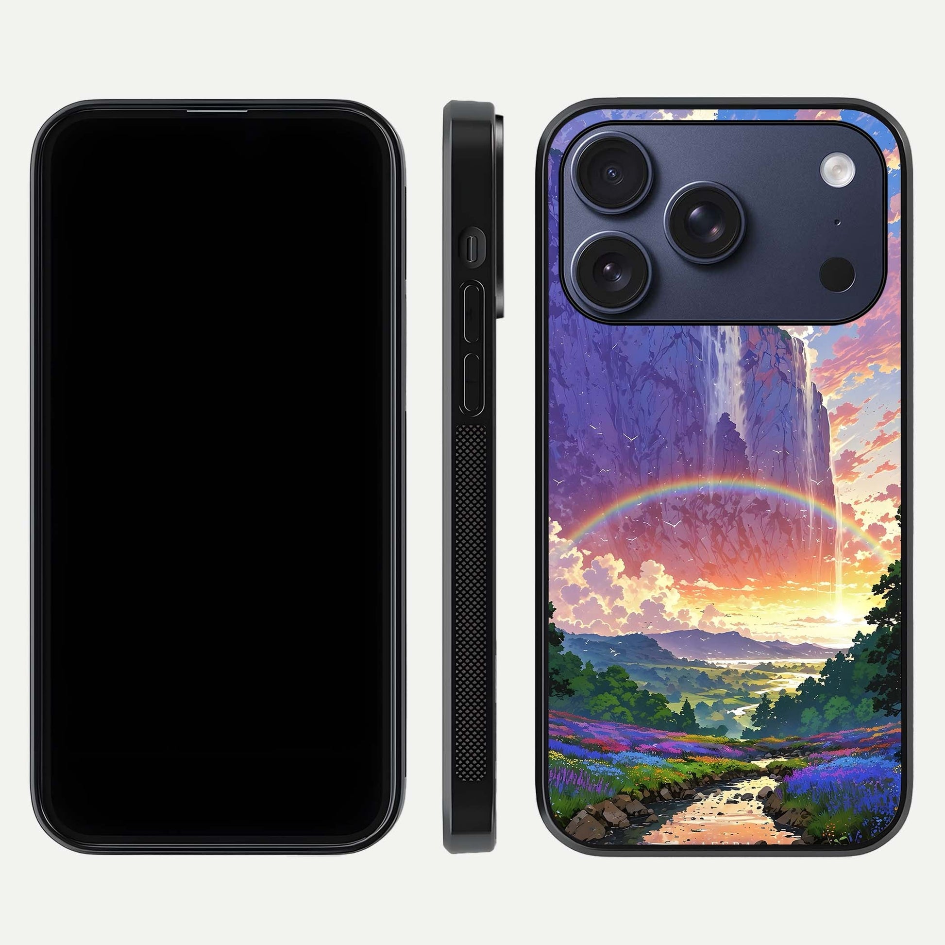 Rainbow Valley Dream Glass Case for iPhone 17 Pro front & back layout showing smooth color blend and curved edge
