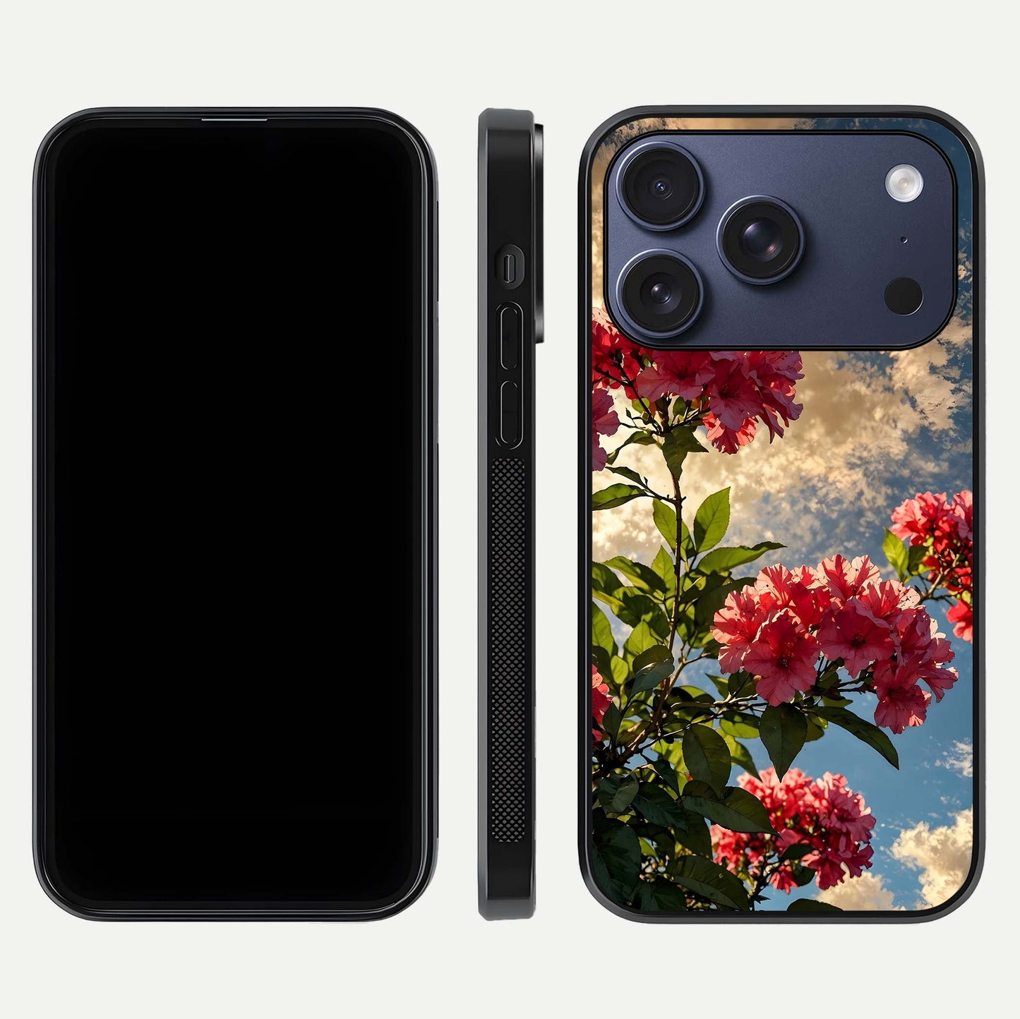 Red & White Marble Glass Case for iPhone 16 Pro front & back layout showing rich contrast and clean glass edges