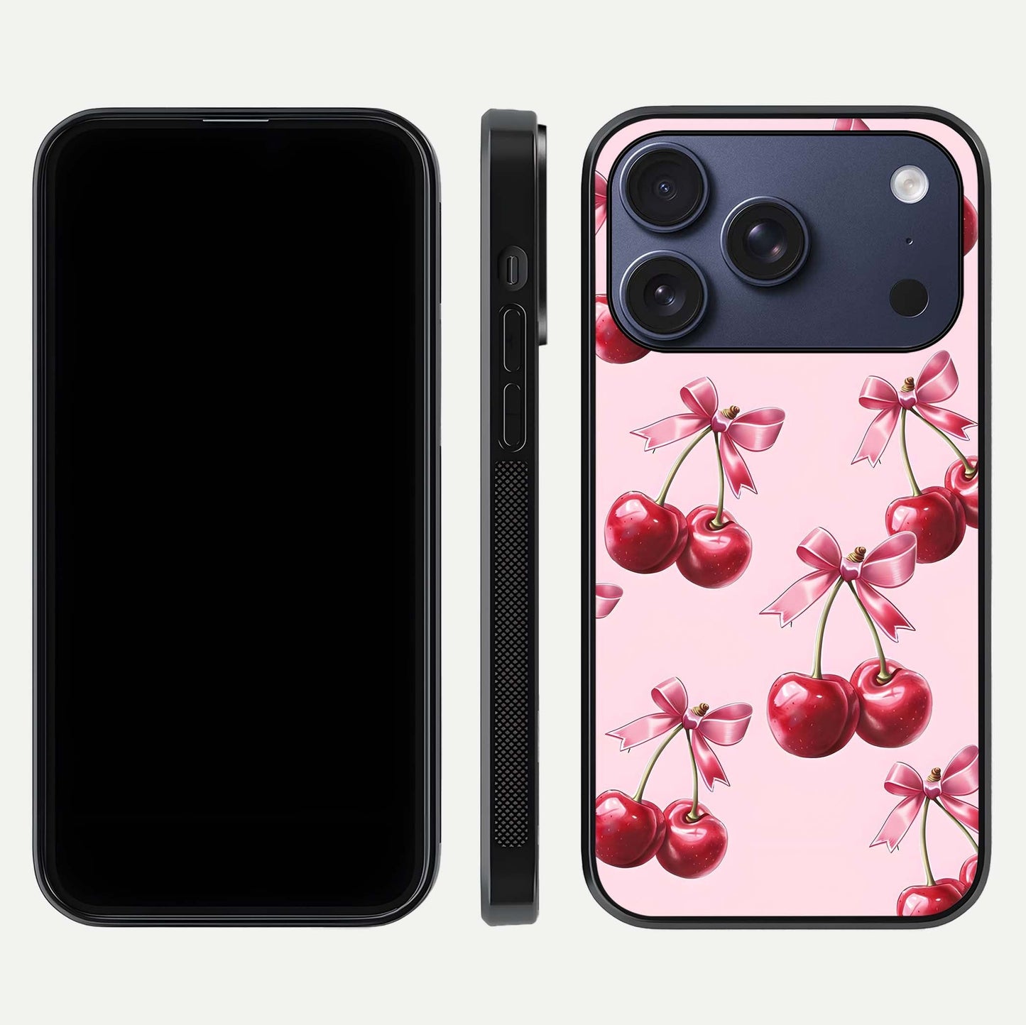Red Cherries Pattern Glass Case for iPhone 17 Pro front & back layout highlighting vibrant fruit print and edges