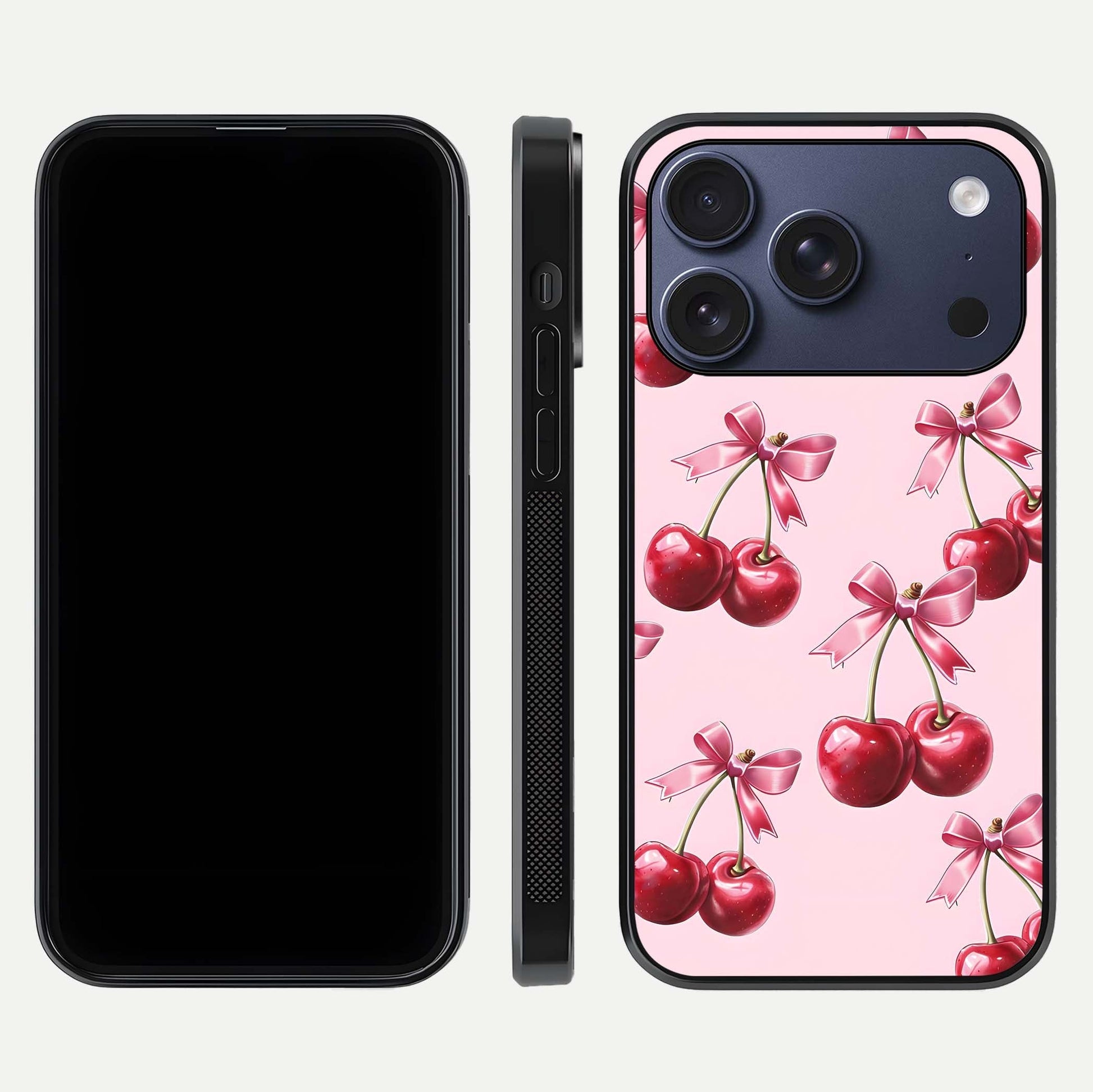Red Cherries Pattern Glass Case for iPhone 17 Pro front & back layout highlighting vibrant fruit print and edges