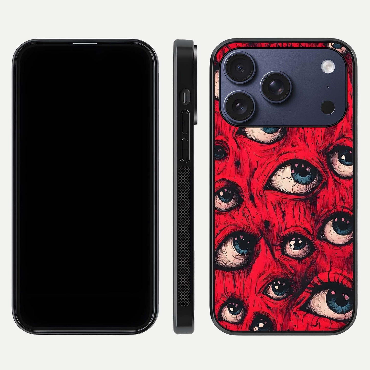 Red Eyes Pattern Glass Case for iPhone 17 Pro front & back layout showing sharp edge finish and design depth
