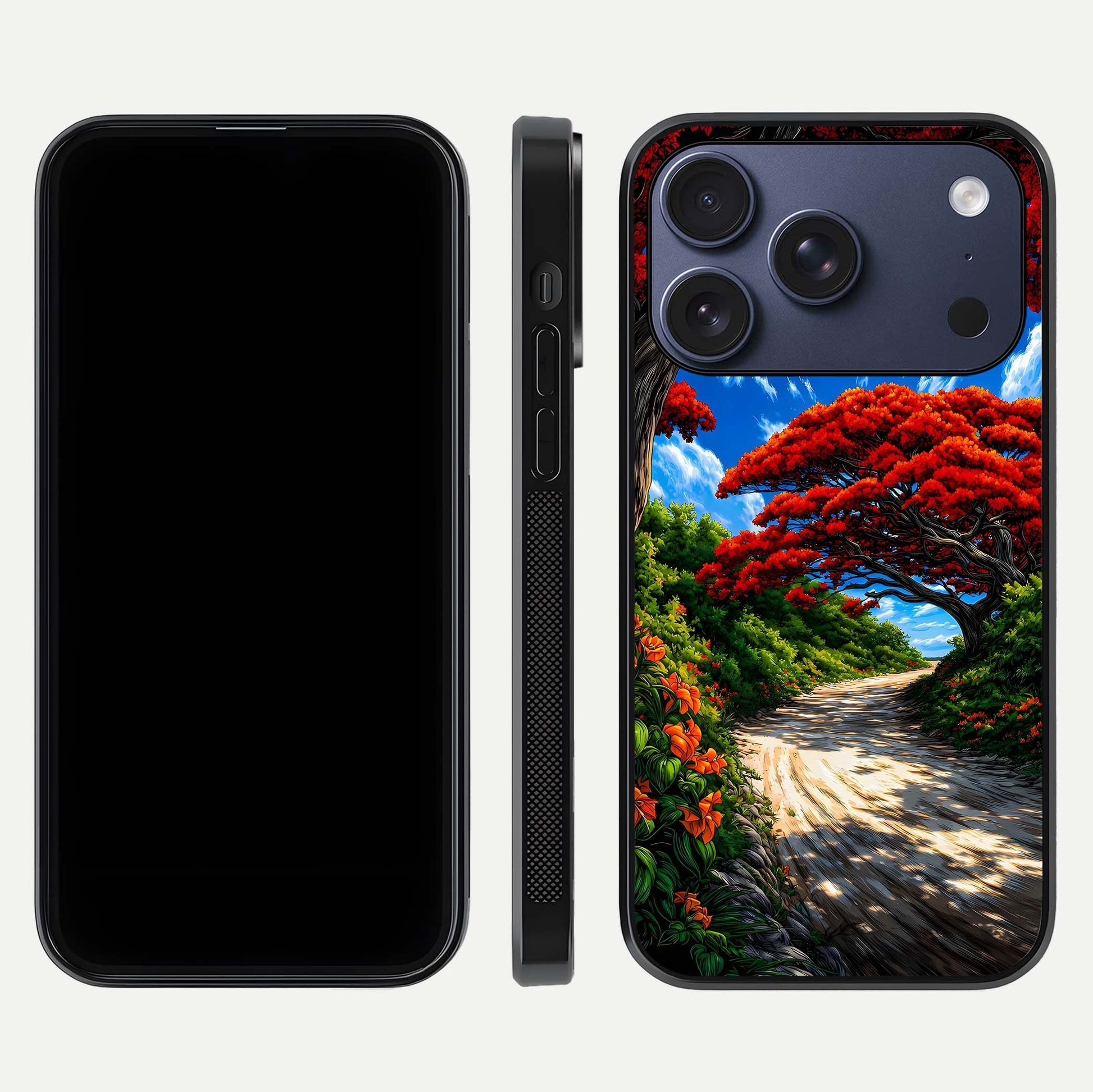 Red Trees Pathway Glass Case for iPhone 17 Pro front & back layout showing scenic tone blend and edges