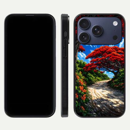 Red Trees Pathway Glass Case for iPhone 17 Pro front & back layout showing scenic tone blend and edges