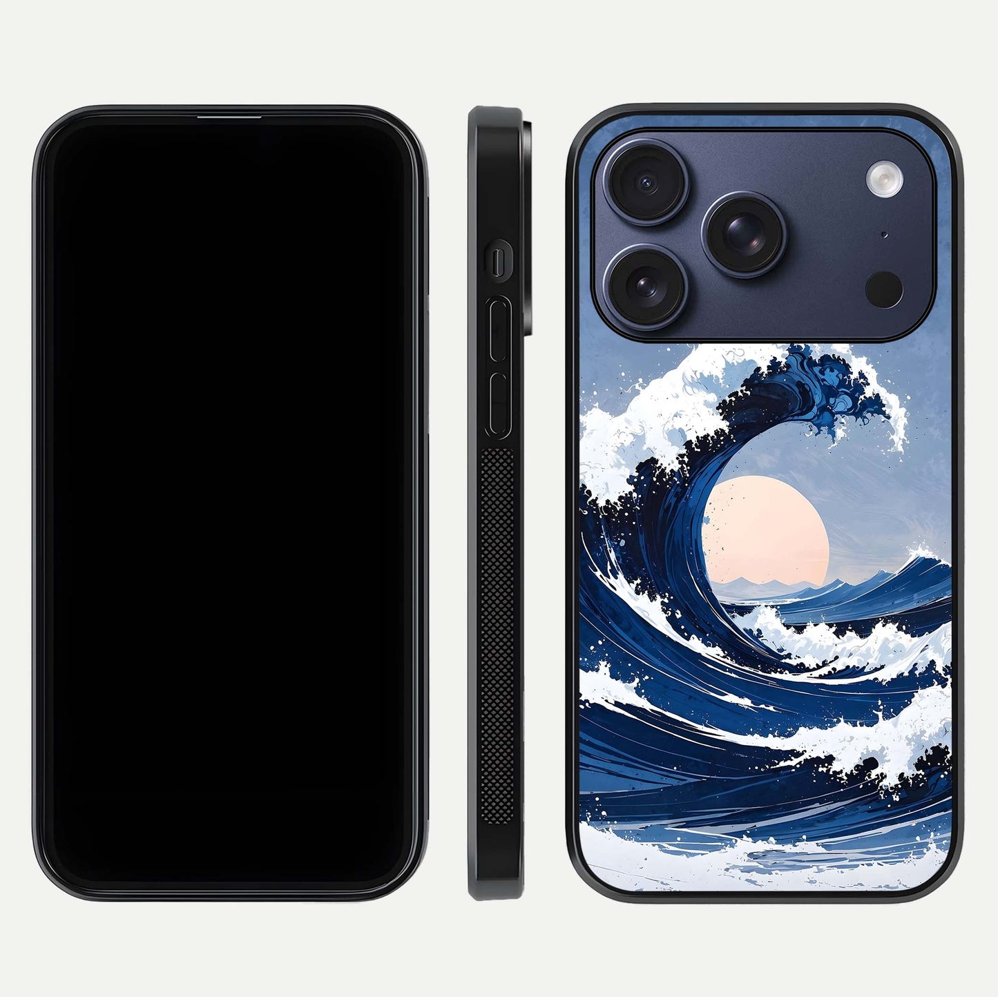 Rising Tide Power Glass Case for iPhone 16 Pro front & back layout showing ocean design and smooth glass edge