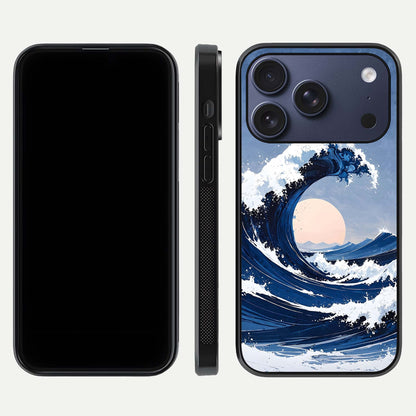 Rising Tide Power Glass Case for iPhone 16 Pro front & back layout showing ocean design and smooth glass edge