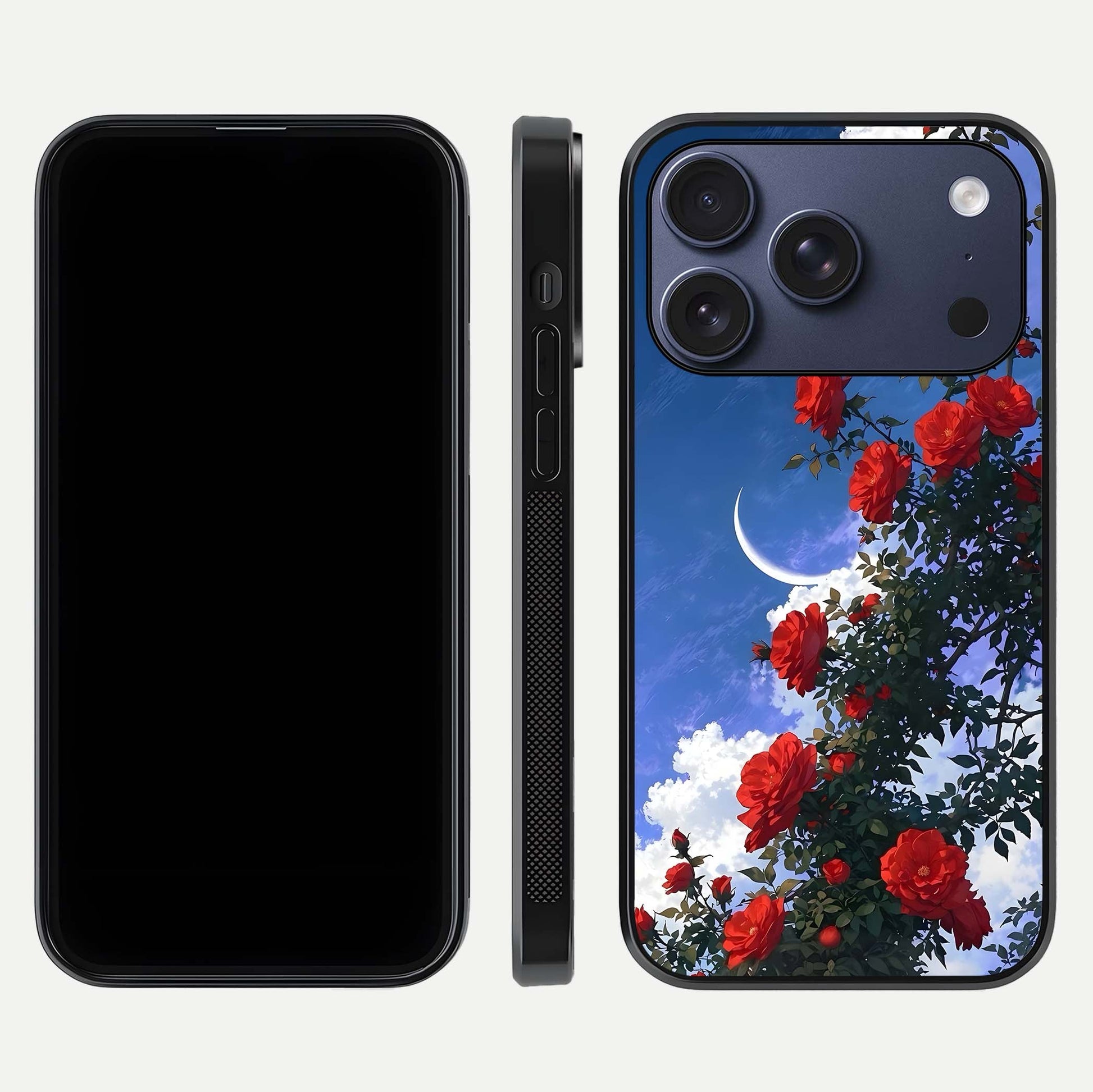 Rose Drift Flowers Glass Case for iPhone 17 Pro front & back layout showing rose gradient tones and edges