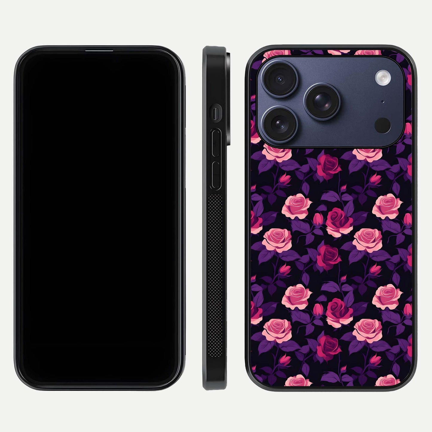 Rose Garden Twilight Glass Case for iPhone 16 Pro front & back layout showing rich twilight tones and edges
