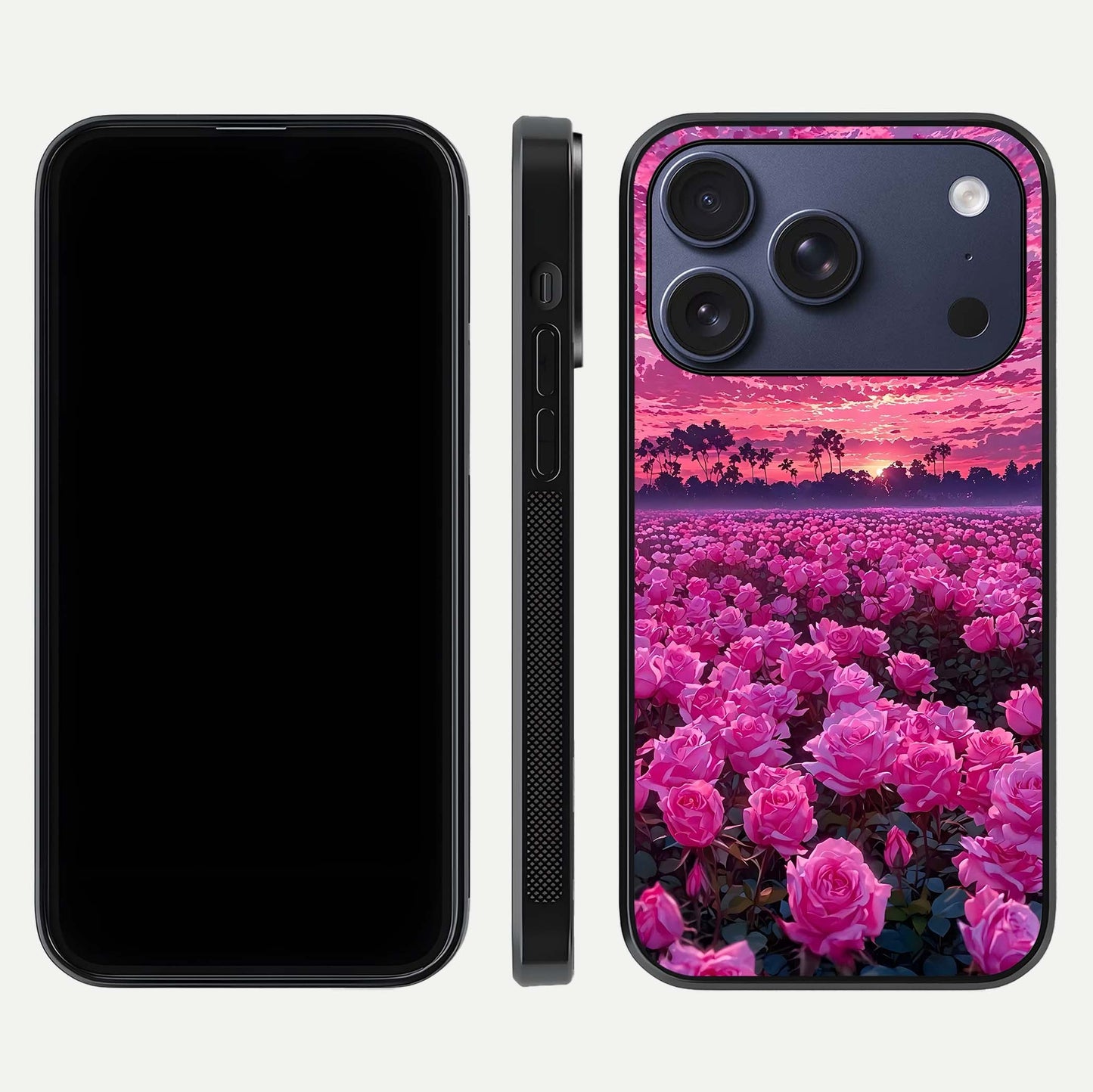 Rose Sunset Valley Glass Case for iPhone 17 Pro front & back layout highlighting gradient tones and glass shine