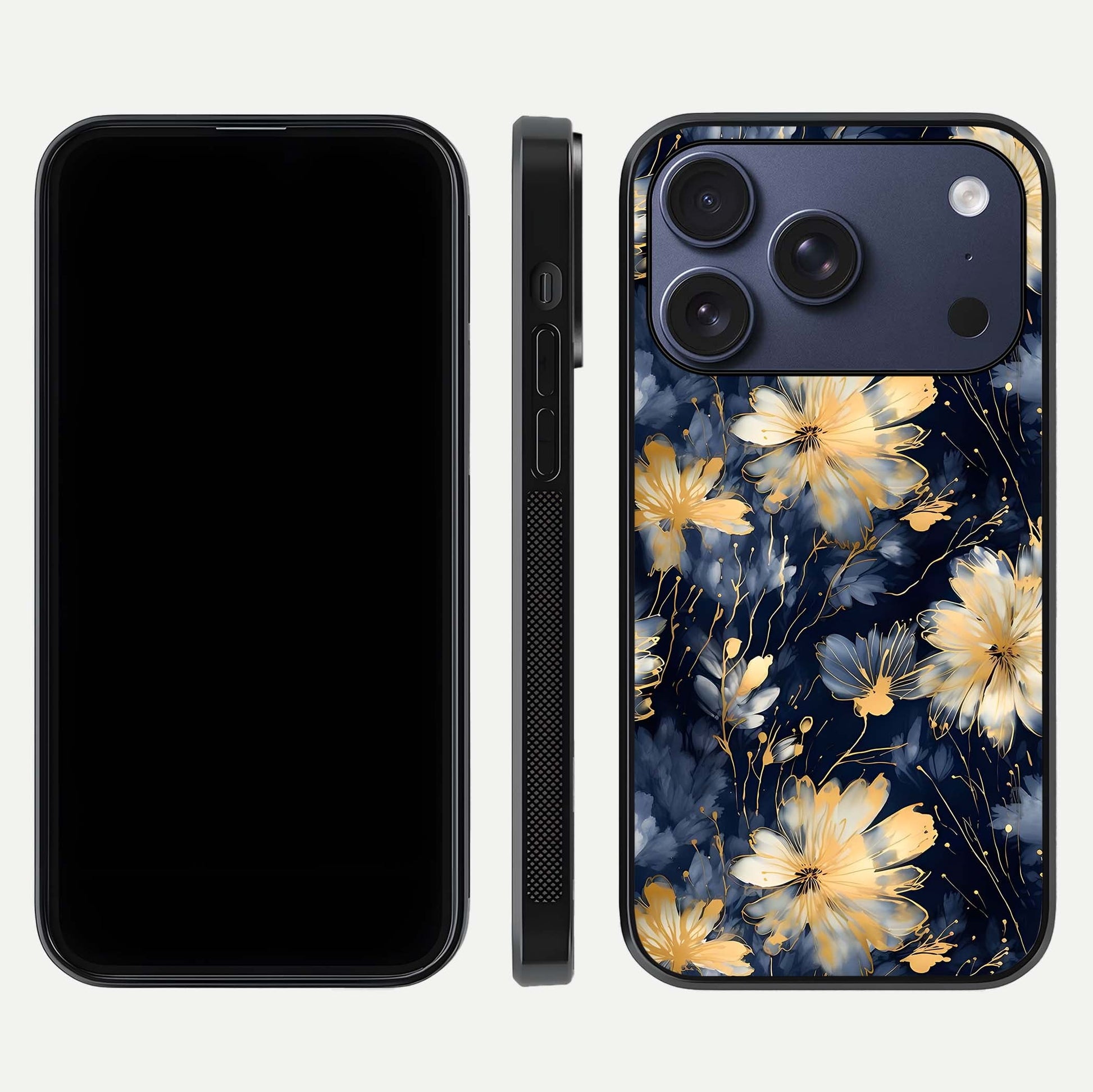 Royal Petal Dream Glass Case for iPhone 17 Pro front & back layout showing floral pattern and clean edge finish