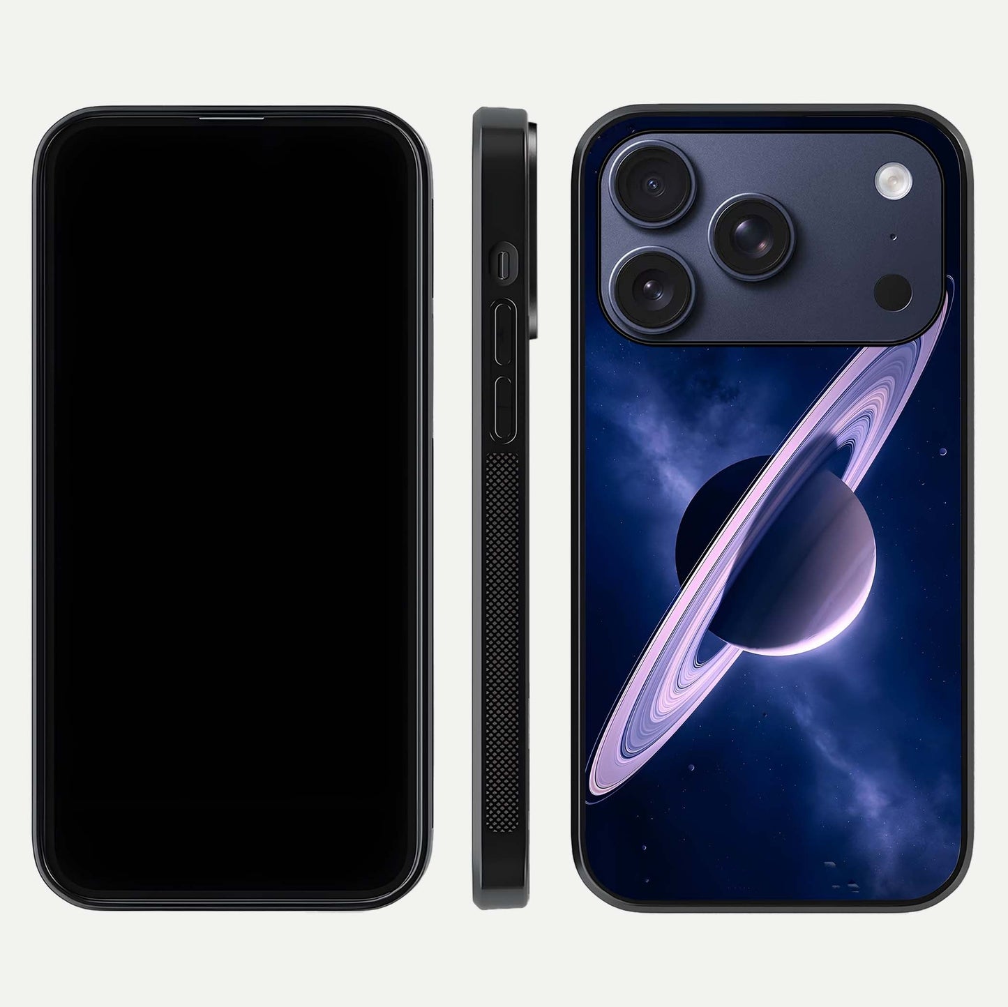 Saturn Ring Mystique Glass Case for iPhone 17 Pro front & back layout showing cosmic tones and edge glow