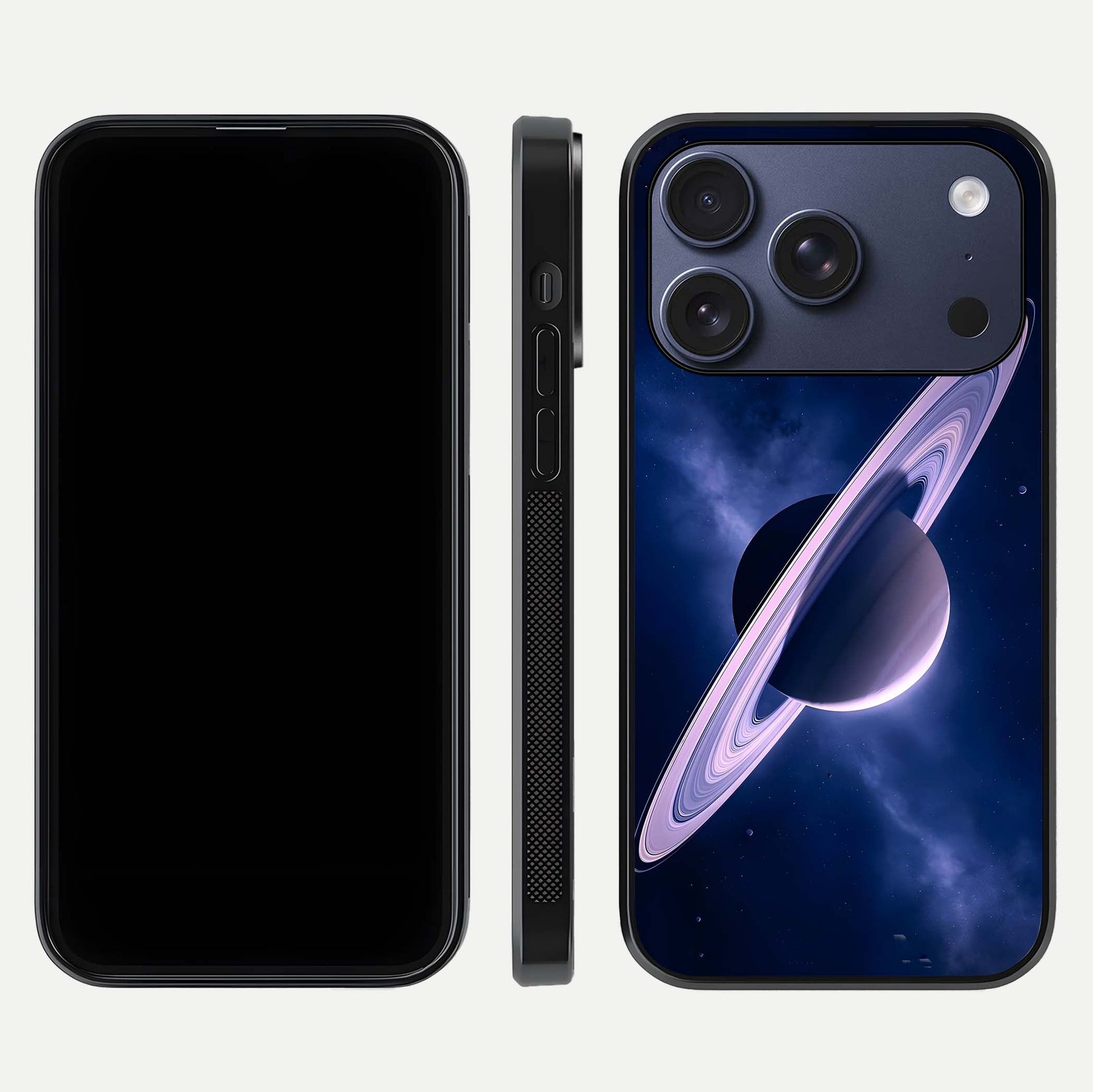Saturn Ring Mystique Glass Case for iPhone 17 Pro front & back layout showing cosmic tones and edge glow