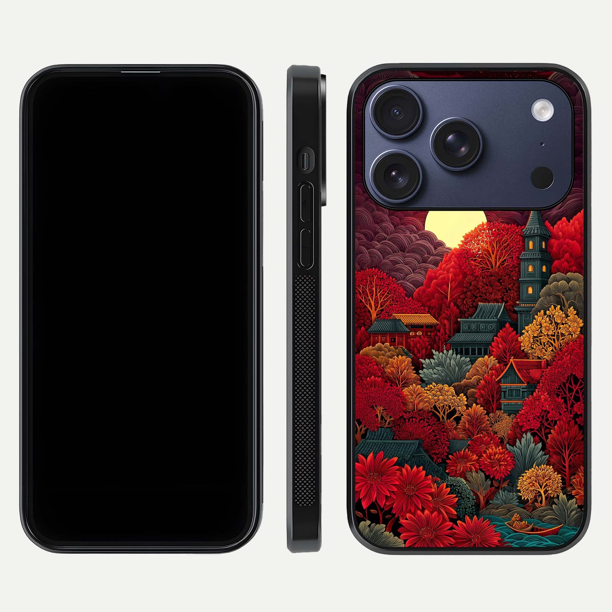 Scarlet Autumn Temple Glass Case for iPhone 17 Pro front & back layout showing scenic tones and curved edges