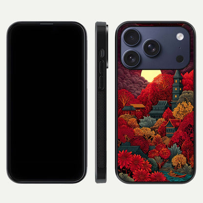 Scarlet Autumn Temple Glass Case for iPhone 17 Pro front & back layout showing scenic tones and curved edges