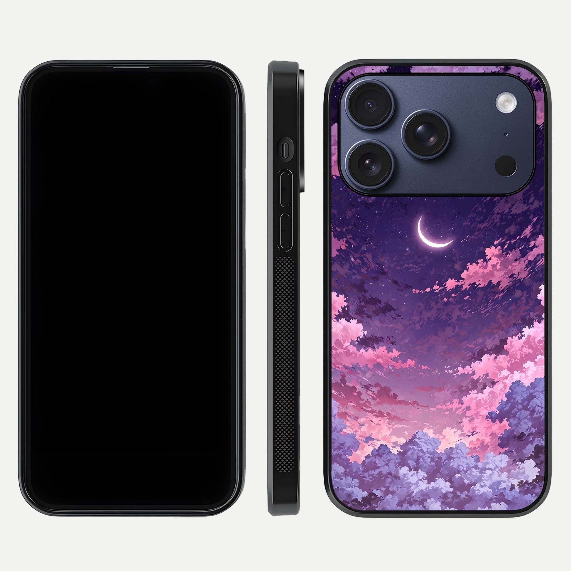 Sky Drift Clouds Glass Case for iPhone 17 Pro front & back layout showing sky tones and smooth edge design