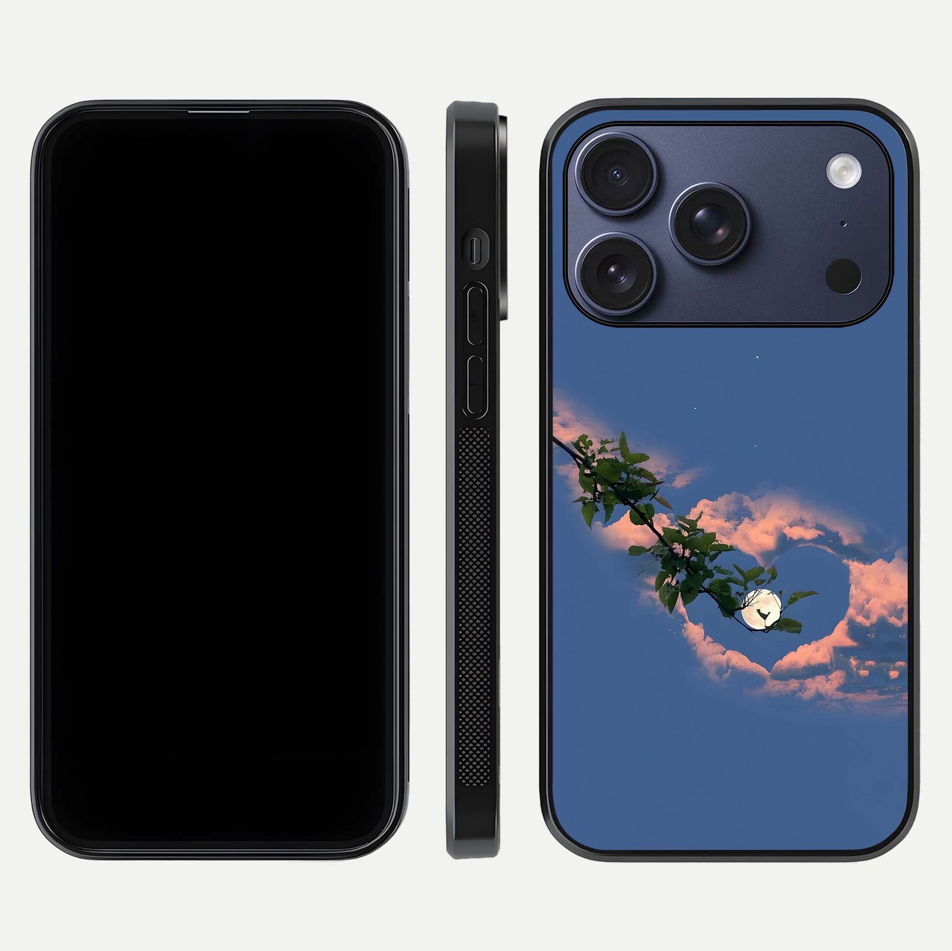 Sky Under Tree Glass Case for iPhone 17 Pro front & back layout showing sky tones and curved glass edge