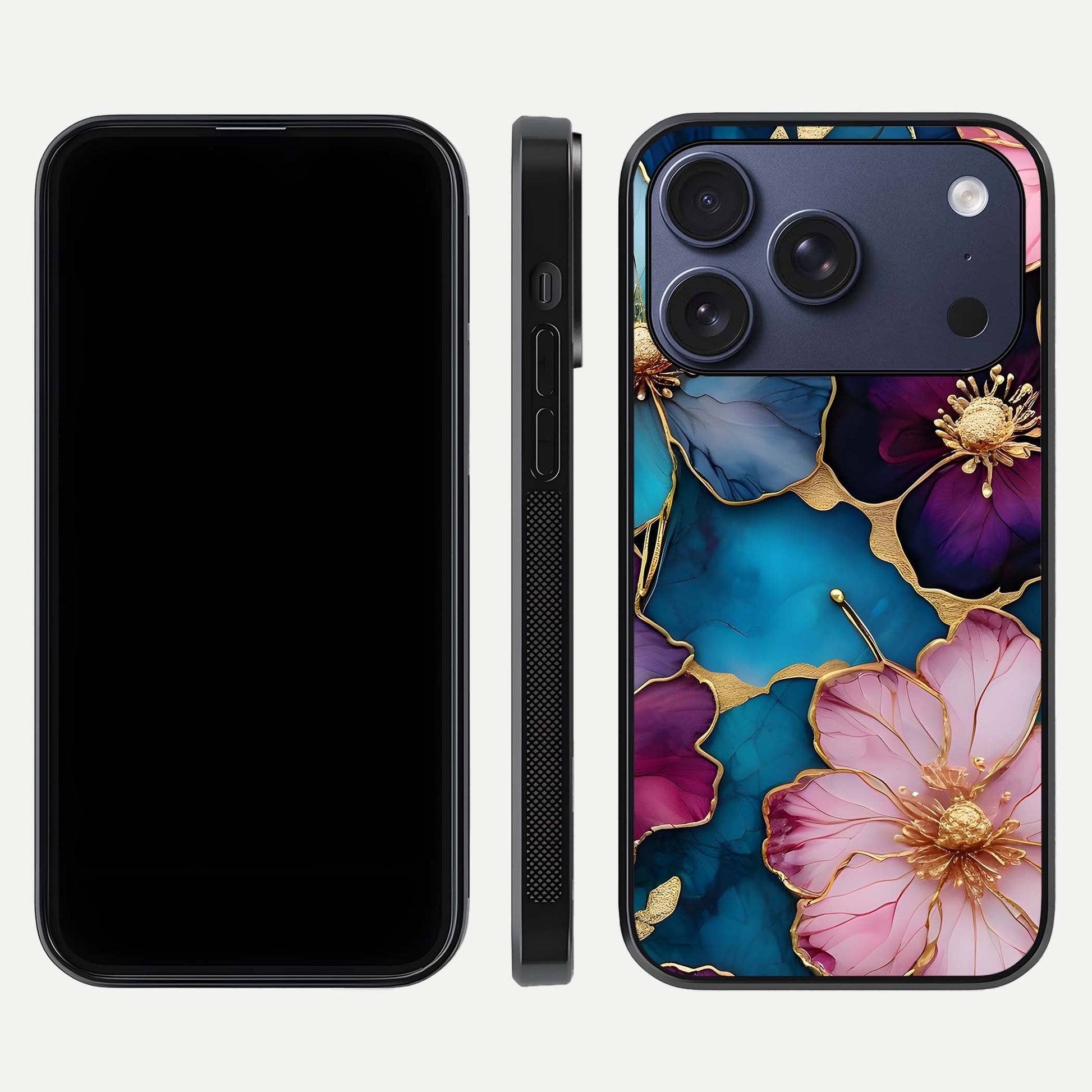 Sparkle Floral Glass Case for iPhone 16 Pro front & back layout showing floral print and edge clarity