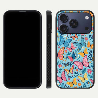 Spring Wing Garden Glass Case for iPhone 16 Pro front & back layout showing soft tones and elegant glass design