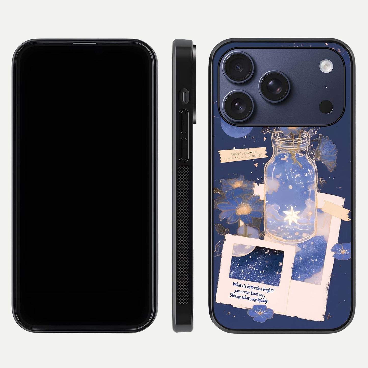Starlit Cosmic Jar Glass Case for iPhone 17 Pro front & back layout showing cosmic pattern and curved glass edge