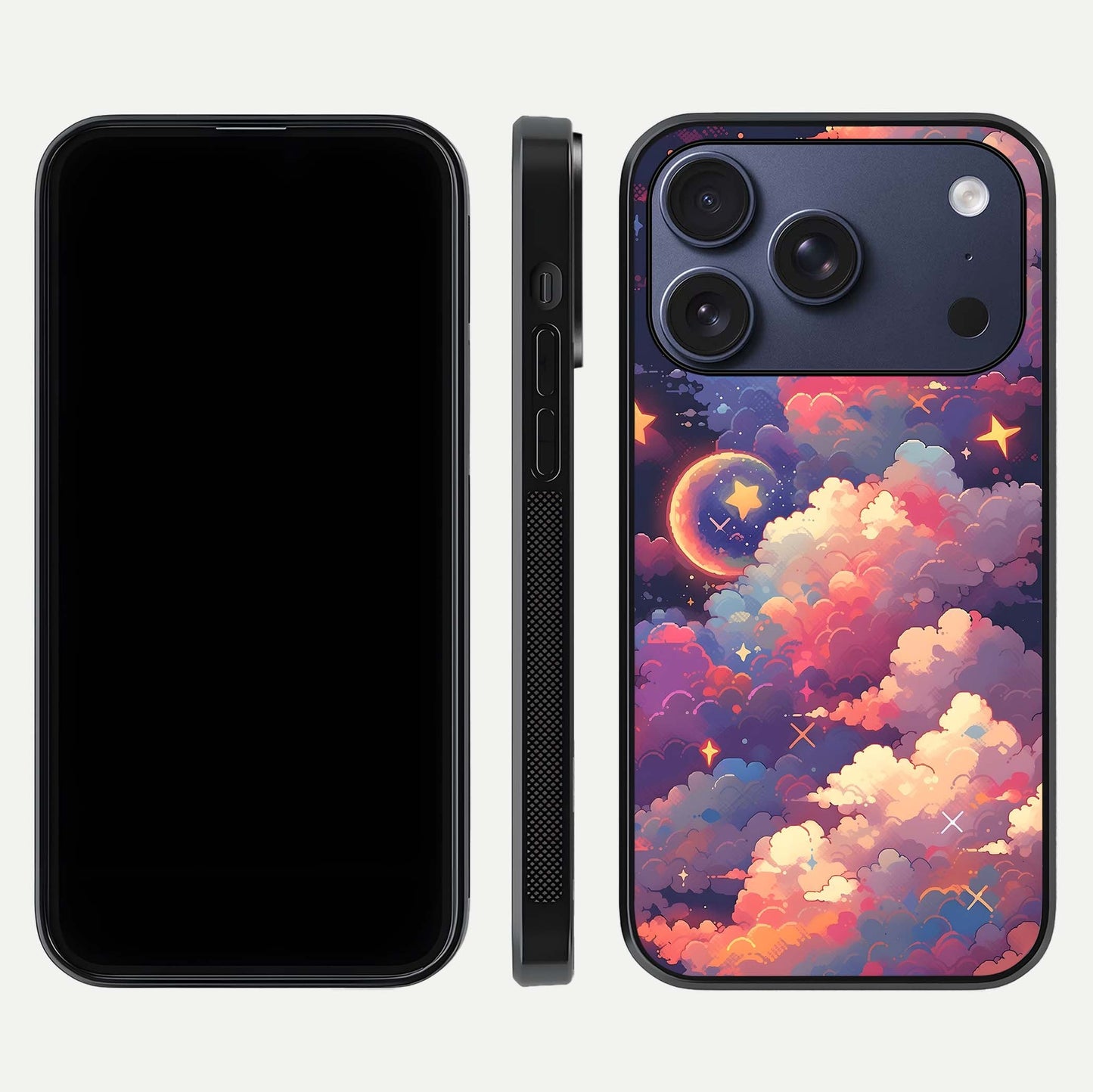 Starlit Dream Clouds Glass Case for iPhone 17 Pro front & back layout showing gradient tones and smooth edge